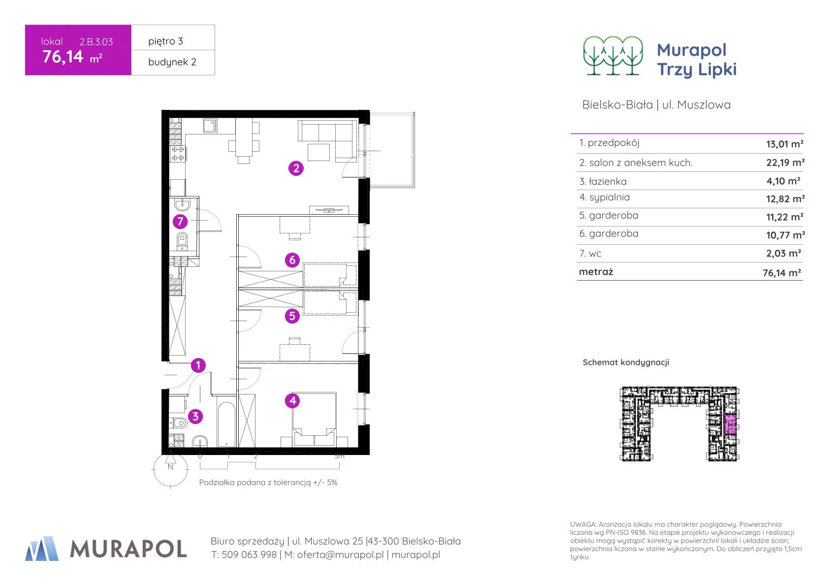 2 pokoje, mieszkanie 76,14 m², piętro 3, oferta nr 2.B.3.03, Murapol Trzy Lipki, Bielsko-Biała, Stare Bielsko, ul. Muszlowa
