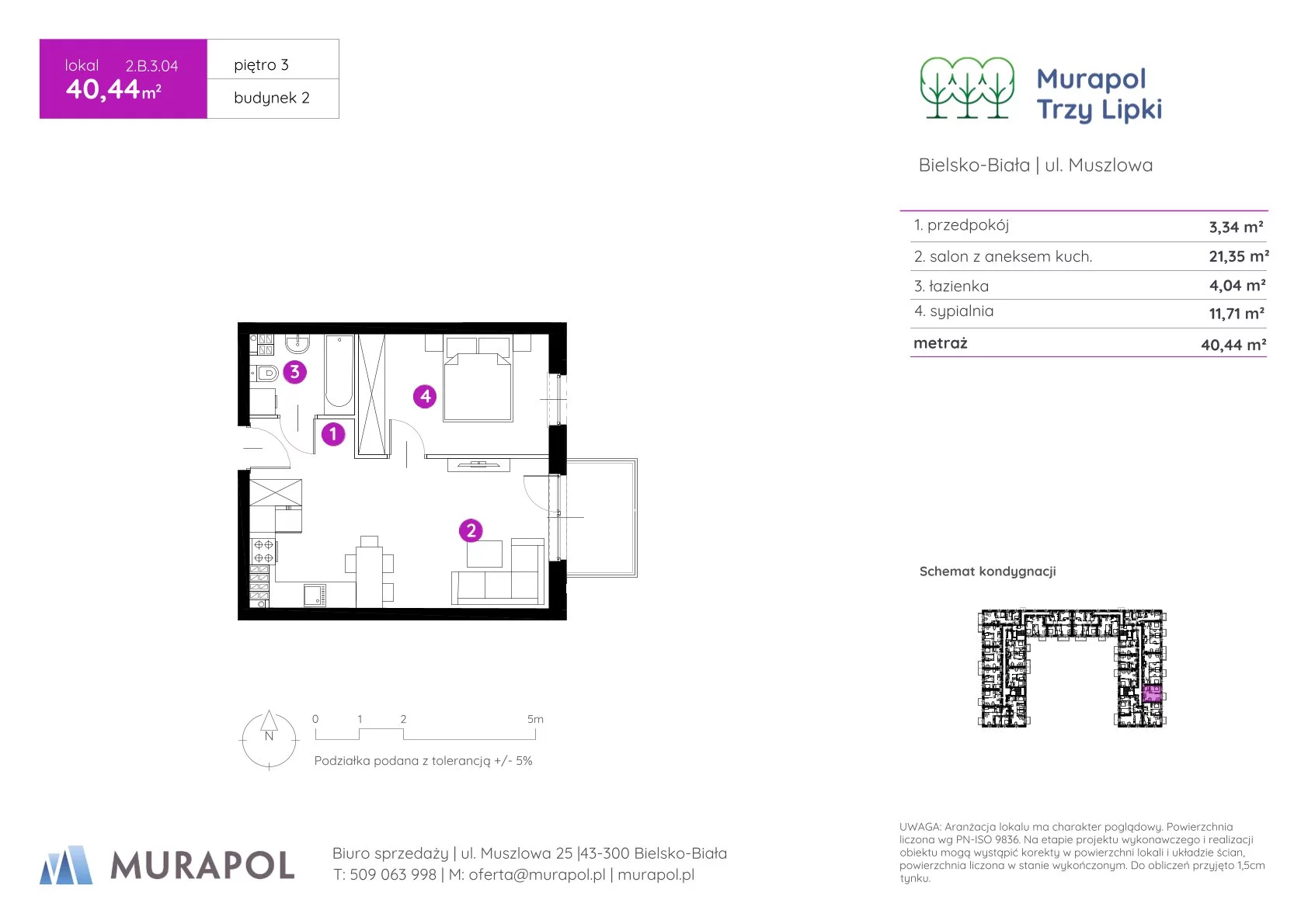 2 pokoje, mieszkanie 40,44 m², piętro 3, oferta nr 2.B.3.04, Murapol Trzy Lipki, Bielsko-Biała, Stare Bielsko, ul. Muszlowa