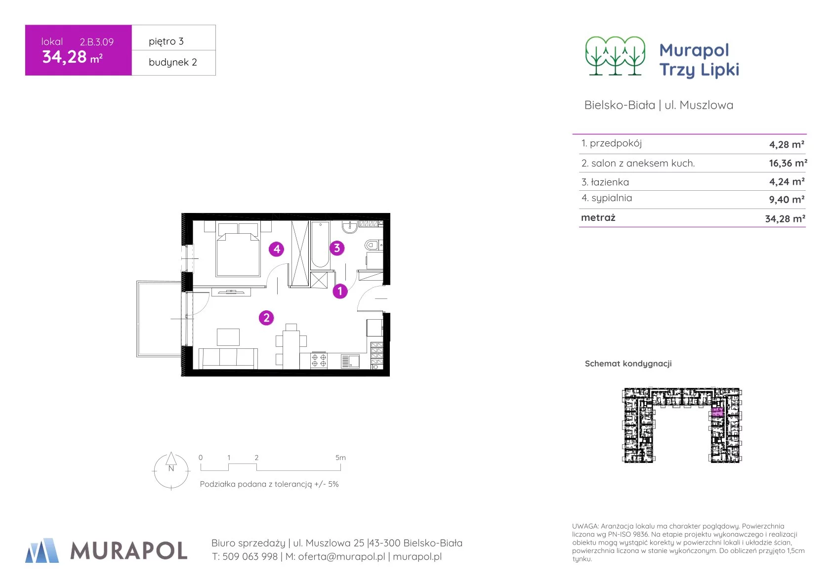 2 pokoje, mieszkanie 34,28 m², piętro 3, oferta nr 2.B.3.09, Murapol Trzy Lipki, Bielsko-Biała, Stare Bielsko, ul. Muszlowa