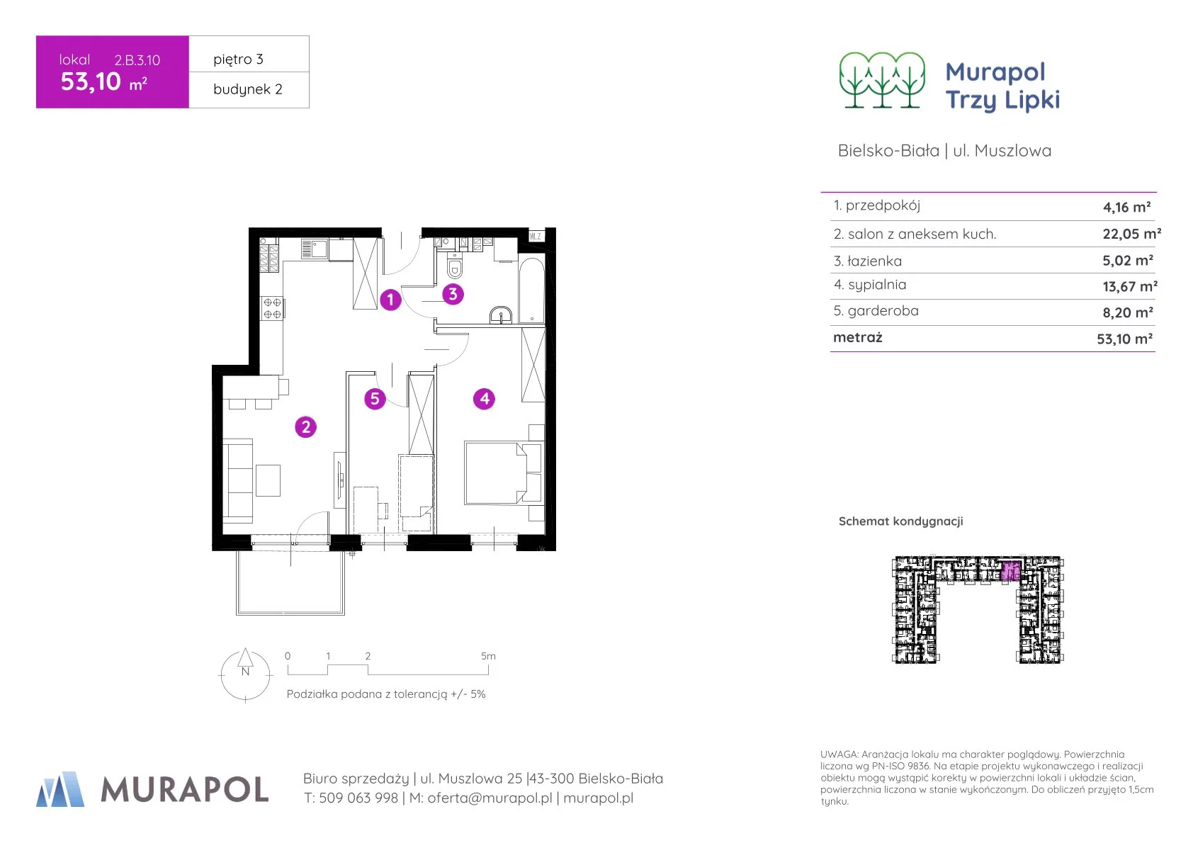 2 pokoje, mieszkanie 53,10 m², piętro 3, oferta nr 2.B.3.10, Murapol Trzy Lipki, Bielsko-Biała, Stare Bielsko, ul. Muszlowa