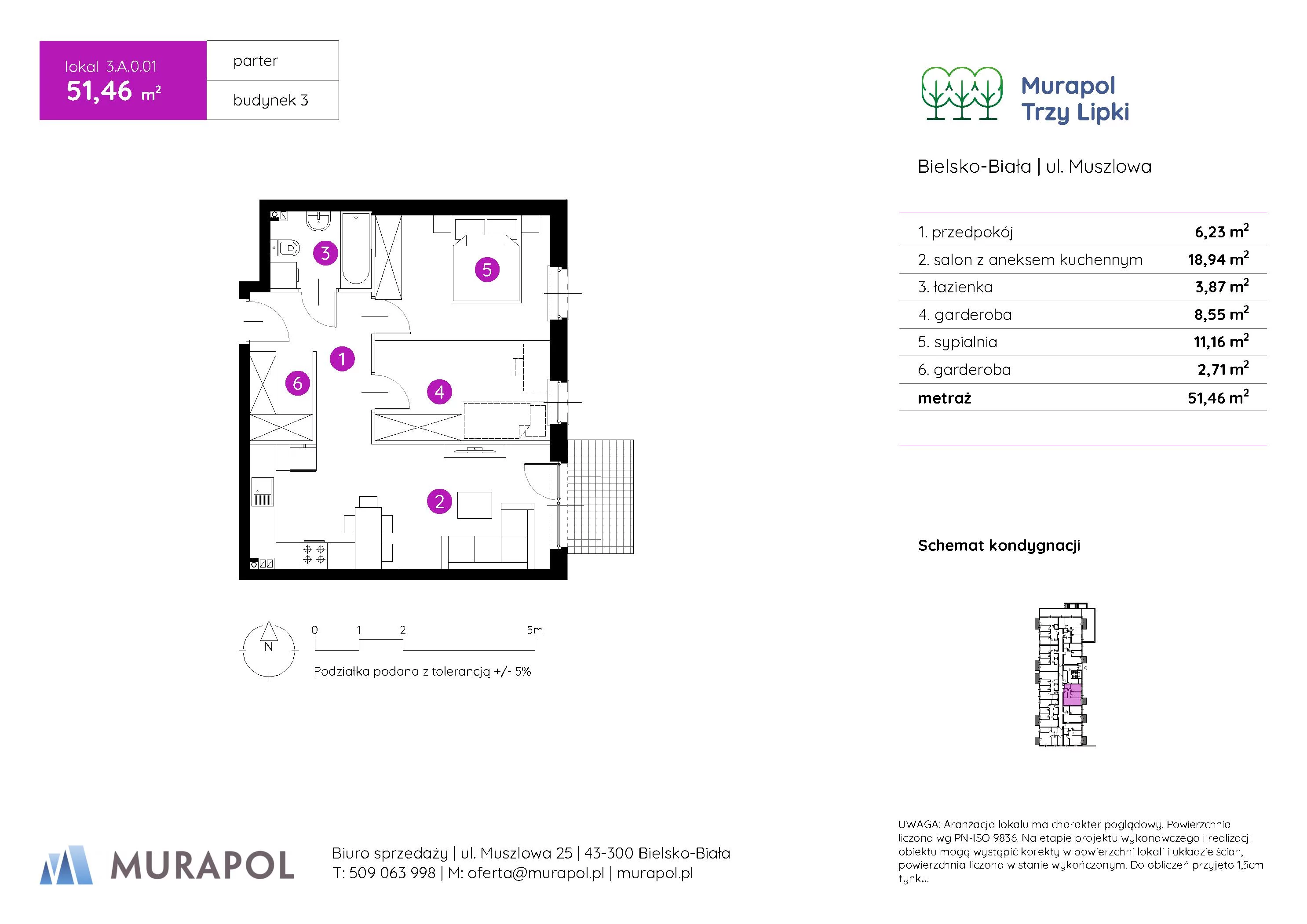 2 pokoje, mieszkanie 51,46 m², parter, oferta nr 3.A.0.01, Murapol Trzy Lipki, Bielsko-Biała, Stare Bielsko, ul. Muszlowa