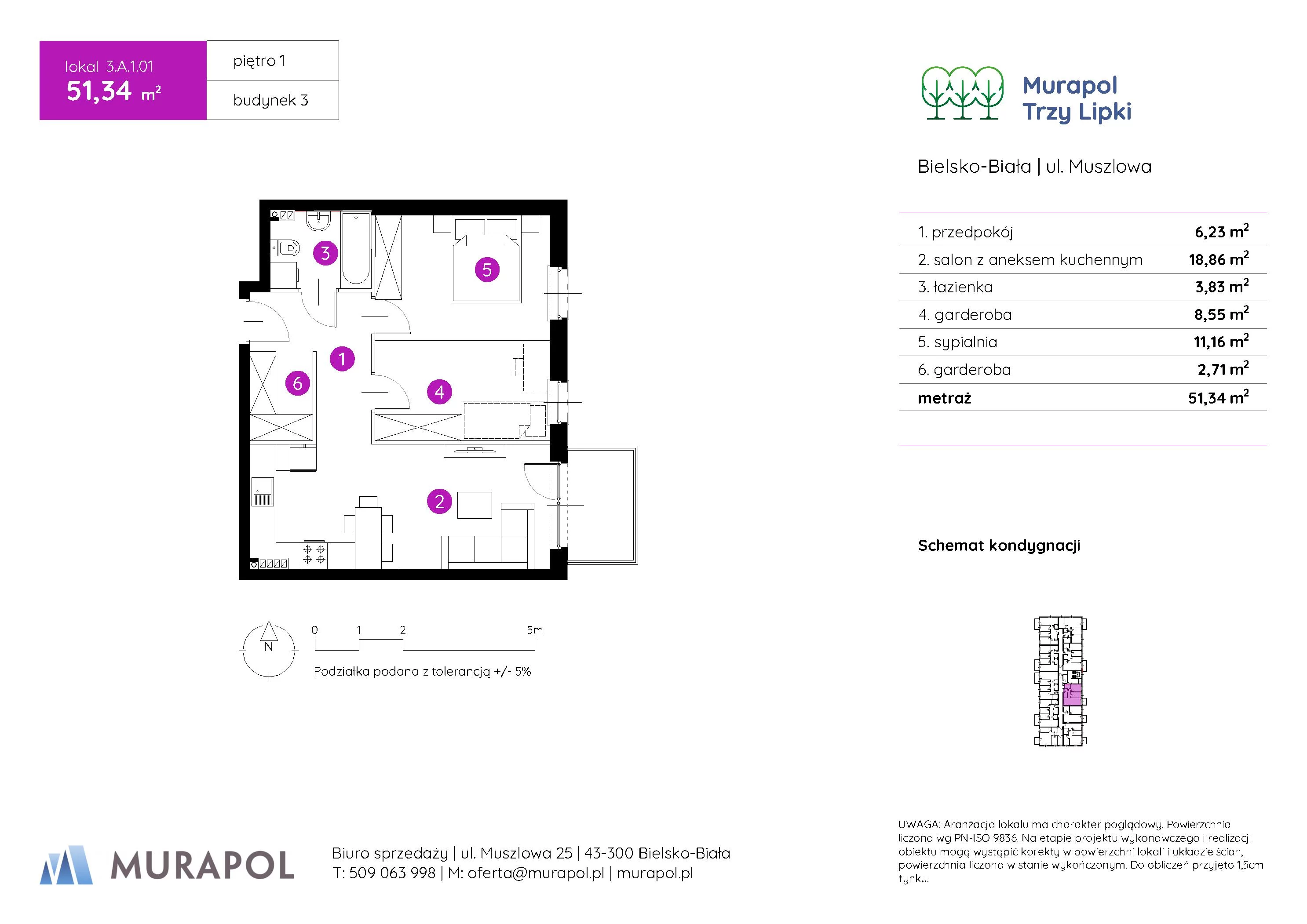 2 pokoje, mieszkanie 51,34 m², piętro 1, oferta nr 3.A.1.01, Murapol Trzy Lipki, Bielsko-Biała, Stare Bielsko, ul. Muszlowa