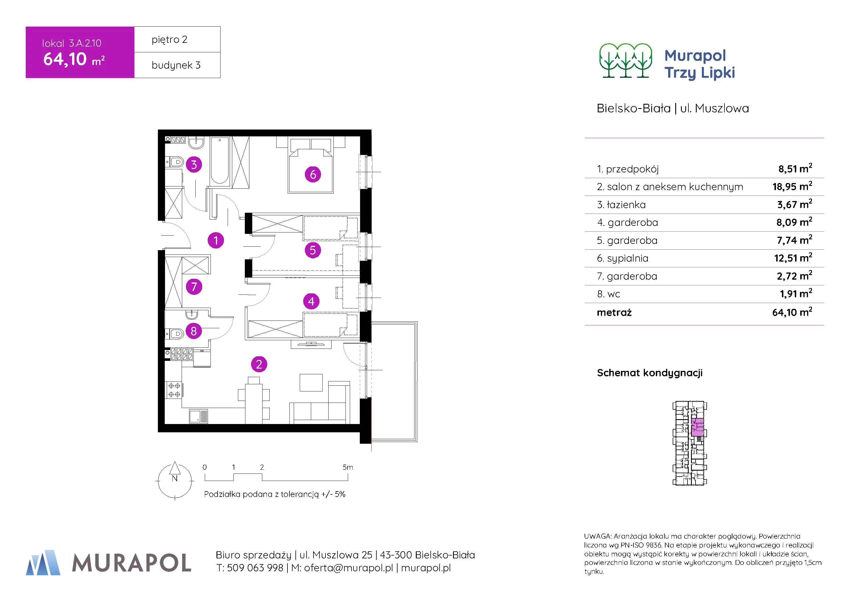 2 pokoje, mieszkanie 64,10 m², piętro 2, oferta nr 3.A.2.10, Murapol Trzy Lipki, Bielsko-Biała, Stare Bielsko, ul. Muszlowa