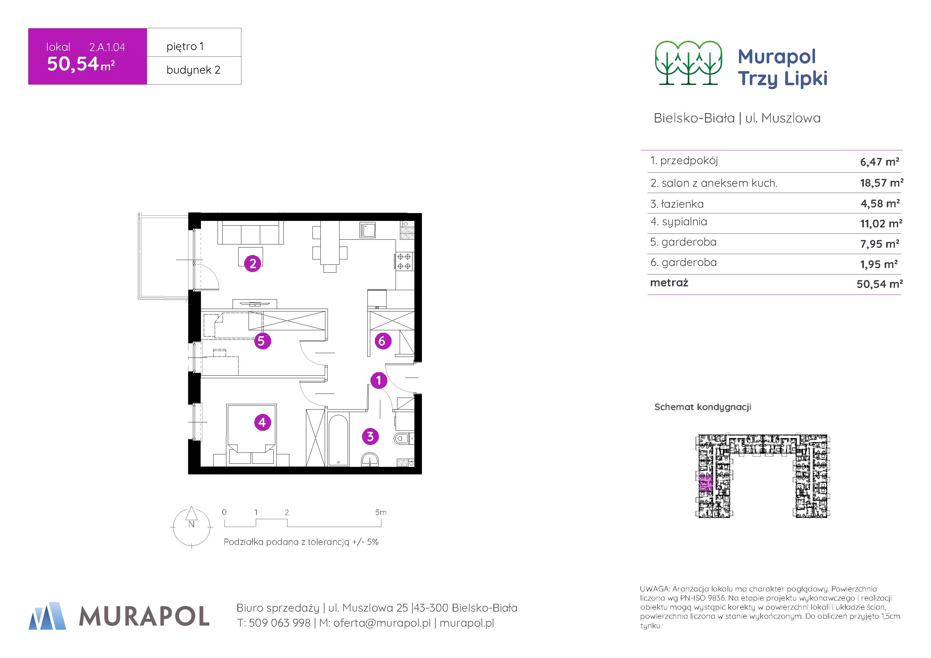 2 pokoje, mieszkanie 50,54 m², piętro 1, oferta nr 2.A.1.04, Murapol Trzy Lipki, Bielsko-Biała, Stare Bielsko, ul. Muszlowa
