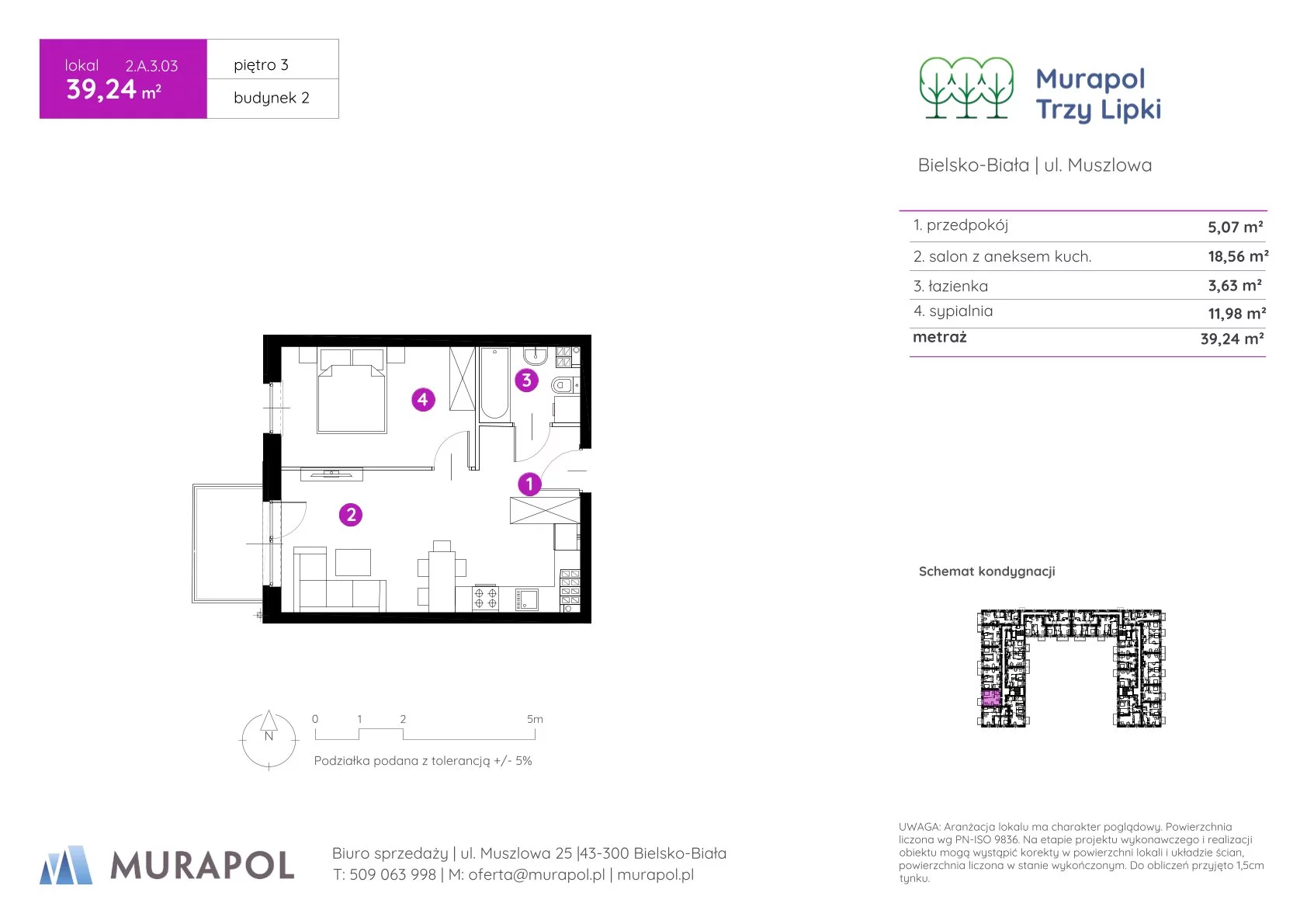 2 pokoje, mieszkanie 39,24 m², piętro 3, oferta nr 2.A.3.03, Murapol Trzy Lipki, Bielsko-Biała, Stare Bielsko, ul. Muszlowa