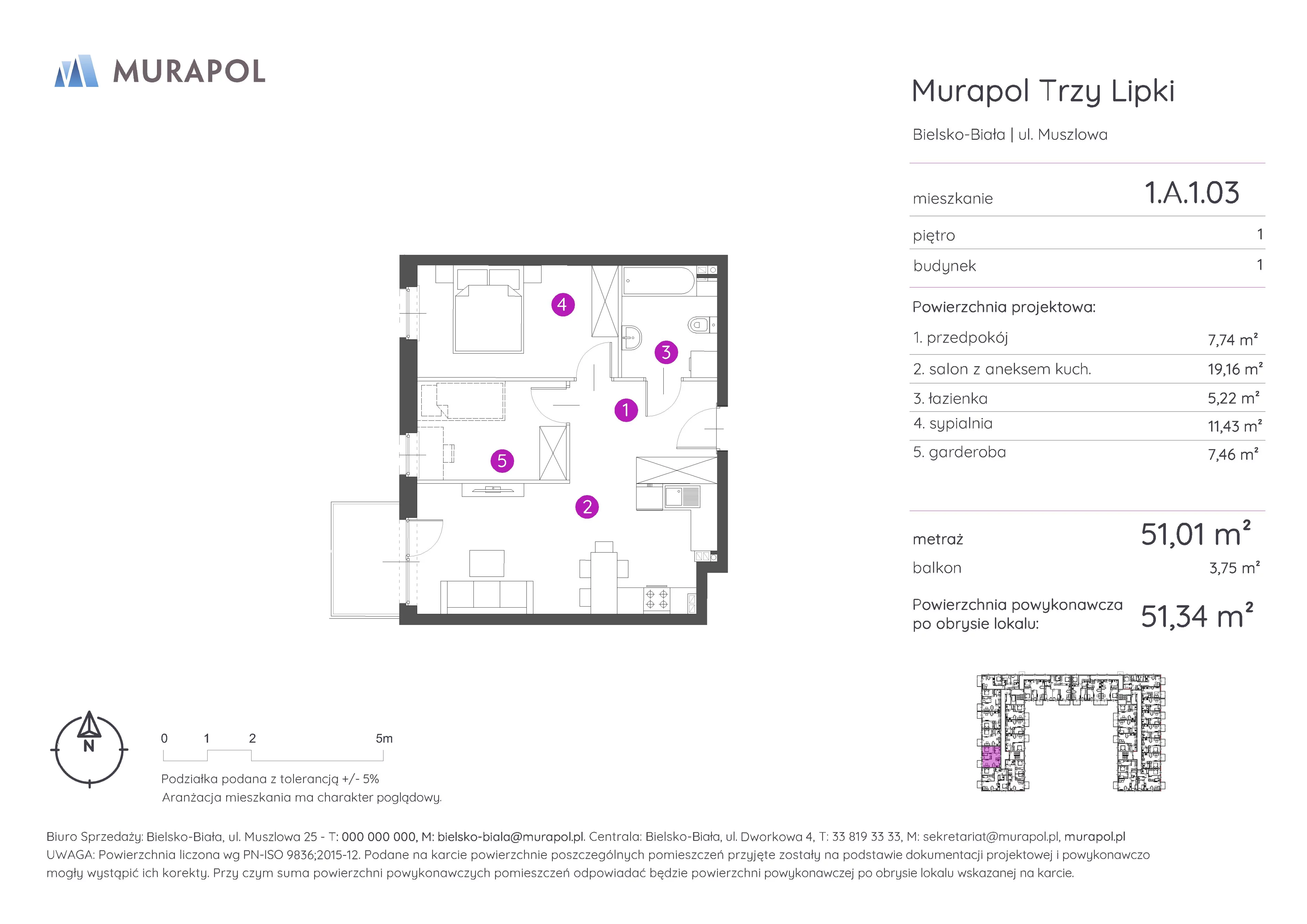 2 pokoje, mieszkanie 51,34 m², piętro 1, oferta nr 1.A.1.03, Murapol Trzy Lipki, Bielsko-Biała, Stare Bielsko, ul. Muszlowa