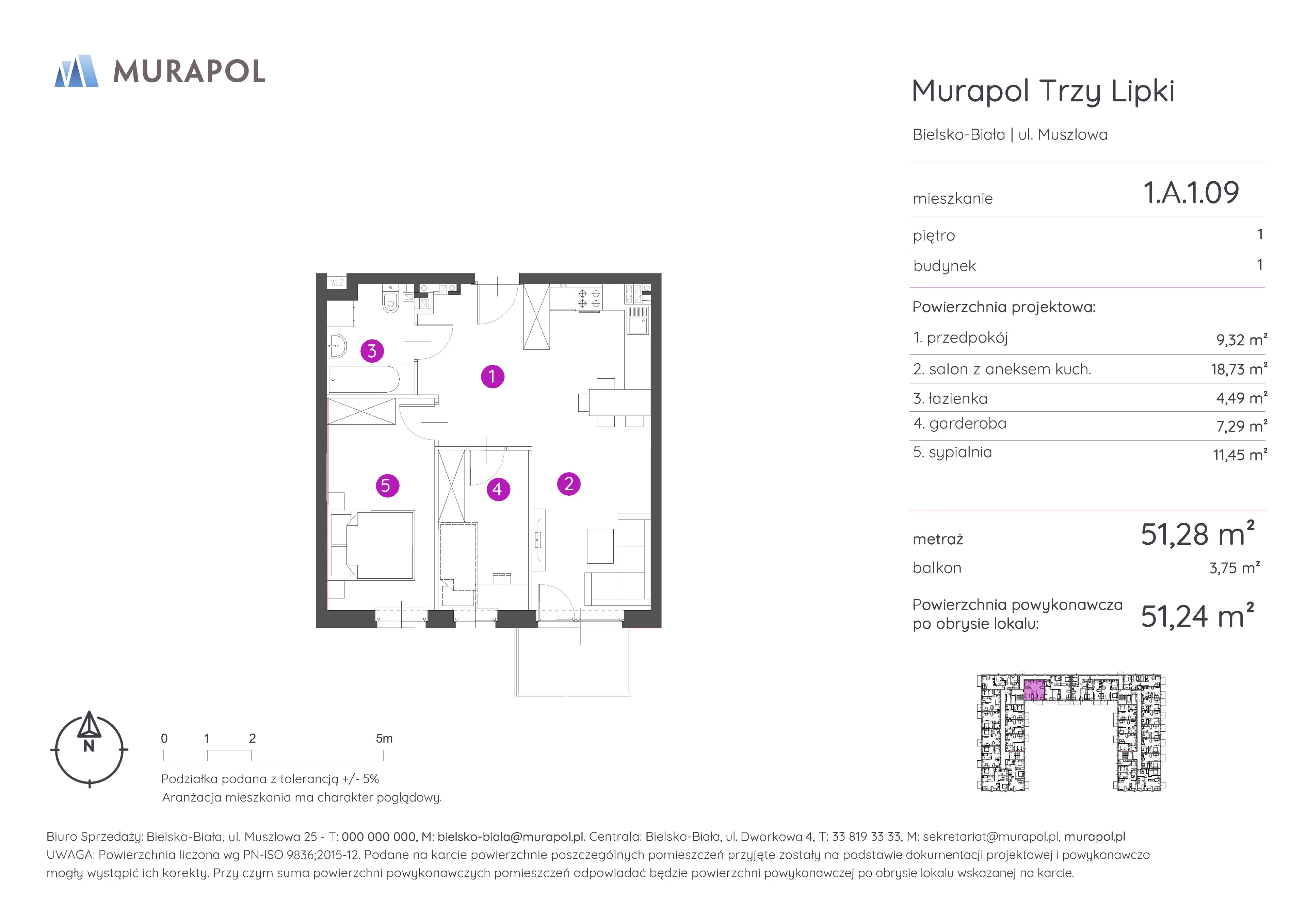 2 pokoje, mieszkanie 51,24 m², piętro 1, oferta nr 1.A.1.09, Murapol Trzy Lipki, Bielsko-Biała, Stare Bielsko, ul. Muszlowa