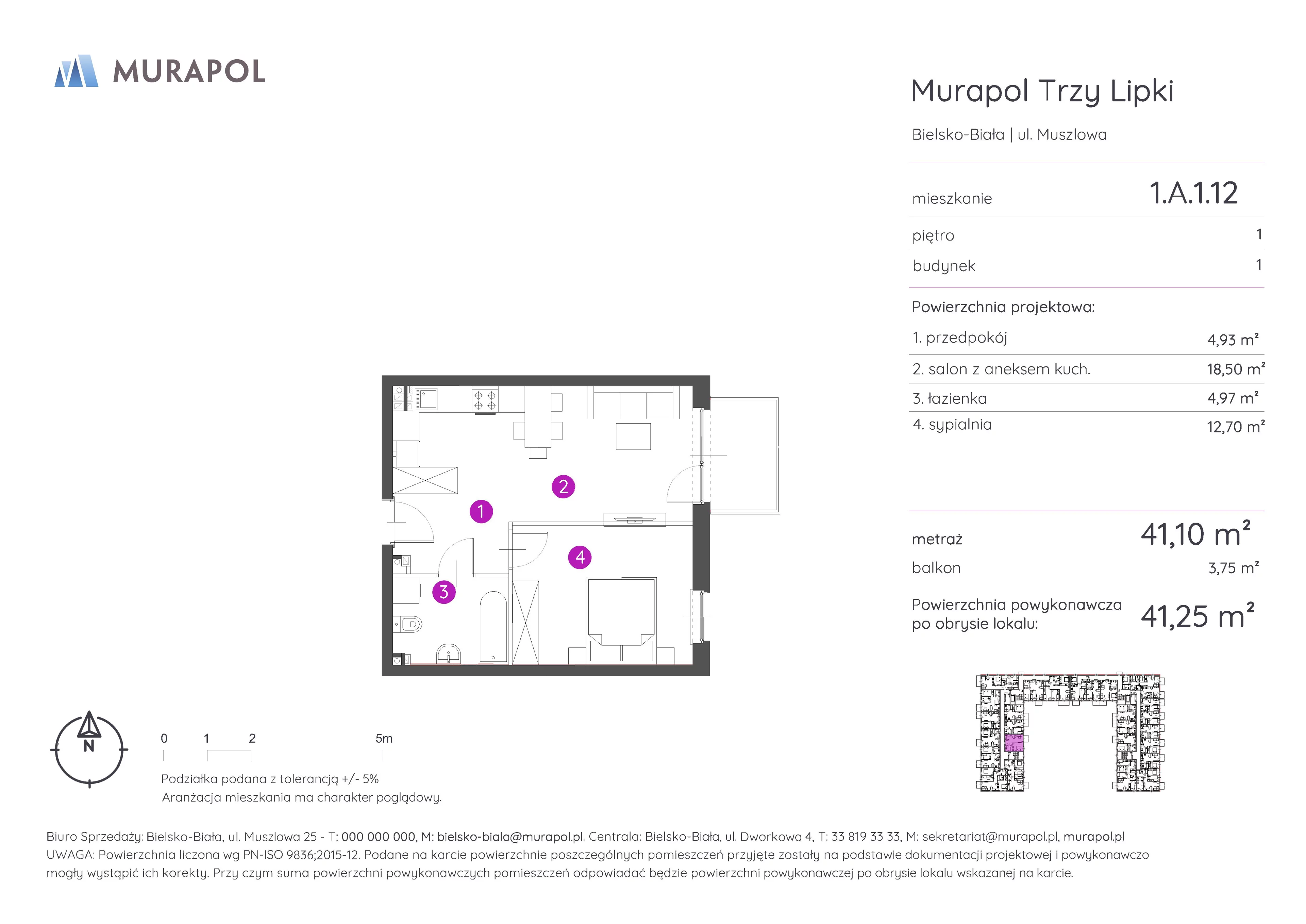 2 pokoje, mieszkanie 41,25 m², piętro 1, oferta nr 1.A.1.12, Murapol Trzy Lipki, Bielsko-Biała, Stare Bielsko, ul. Muszlowa