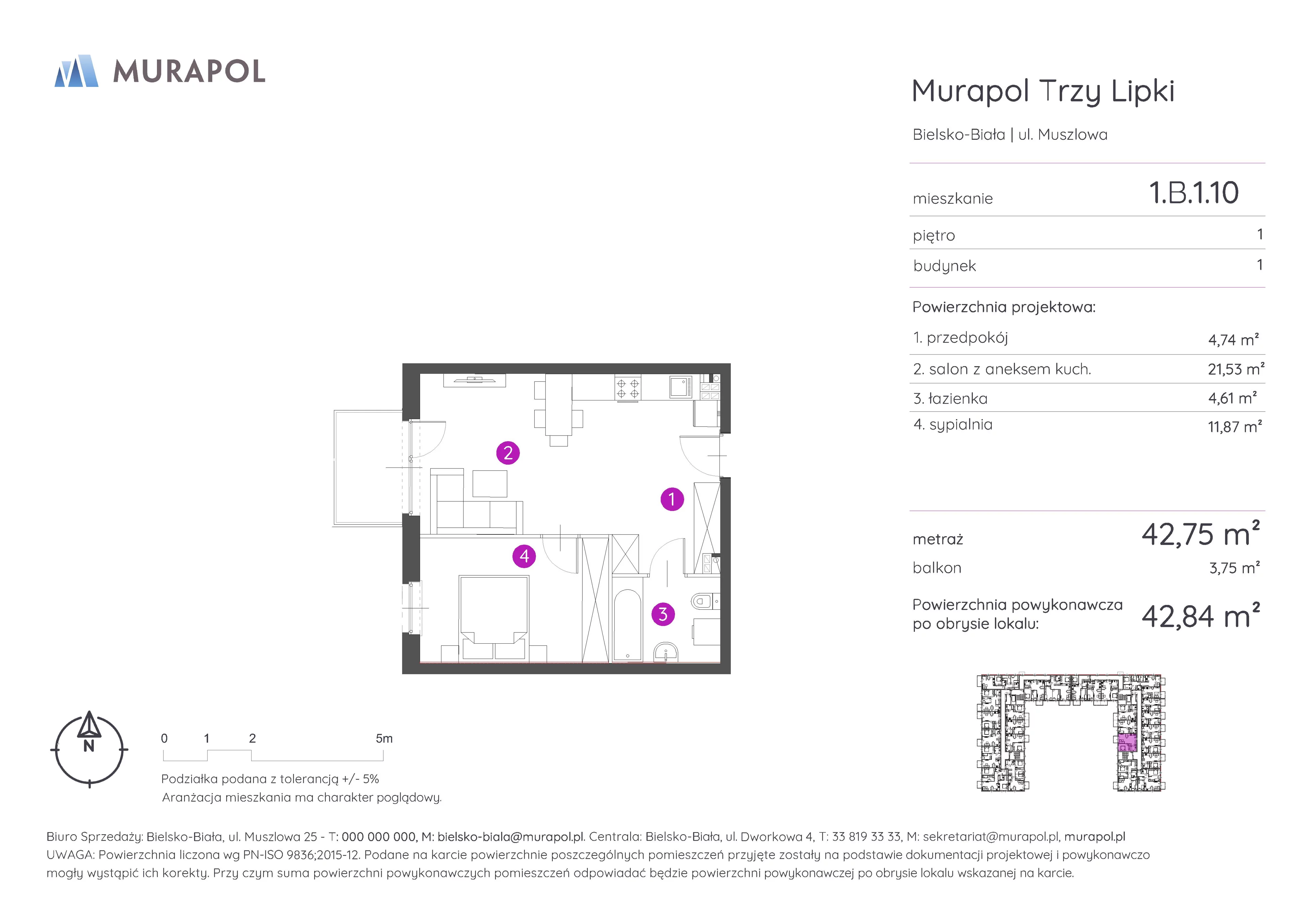 2 pokoje, mieszkanie 42,84 m², piętro 1, oferta nr 1.B.1.10, Murapol Trzy Lipki, Bielsko-Biała, Stare Bielsko, ul. Muszlowa