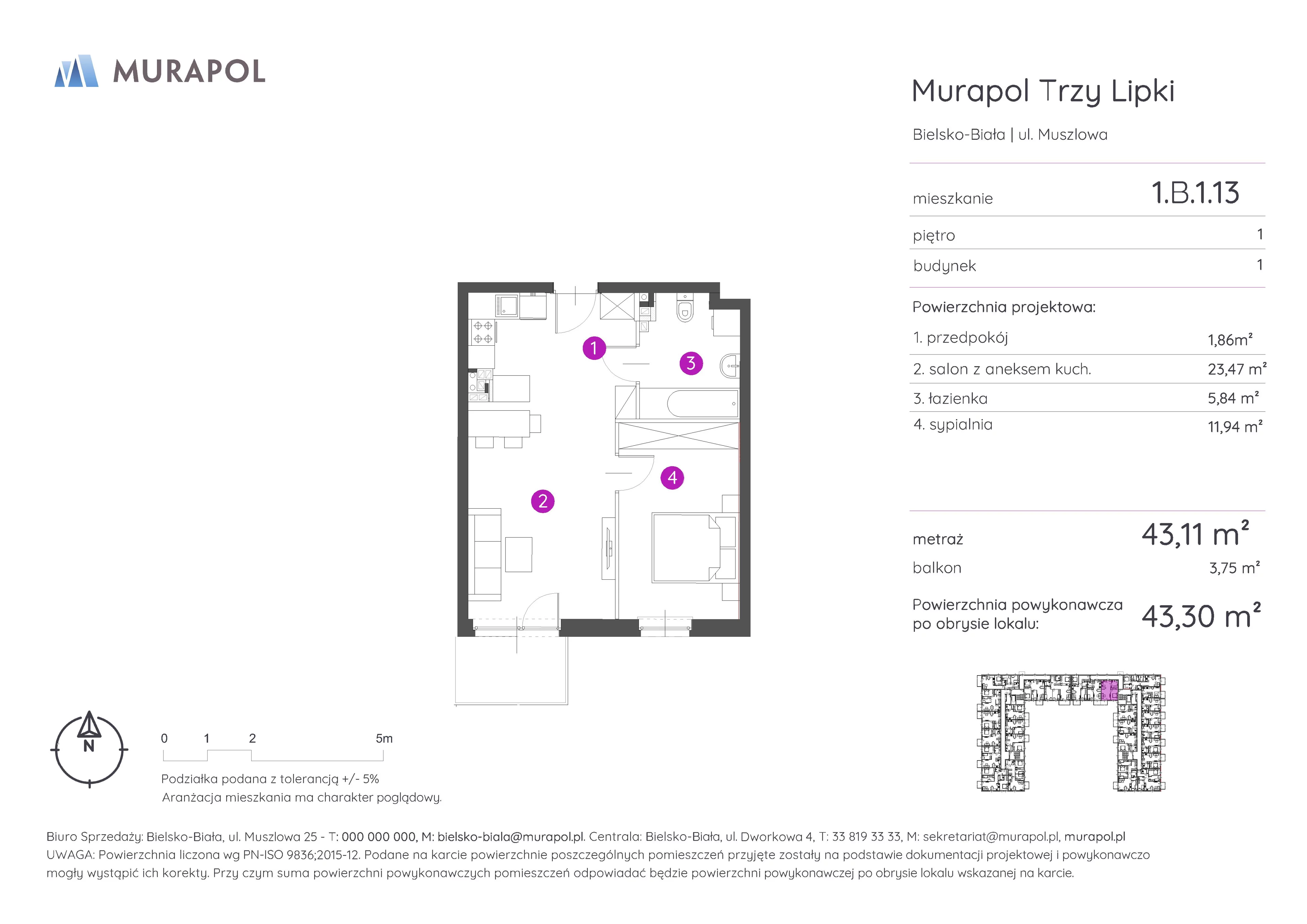 2 pokoje, mieszkanie 43,30 m², piętro 1, oferta nr 1.B.1.13, Murapol Trzy Lipki, Bielsko-Biała, Stare Bielsko, ul. Muszlowa