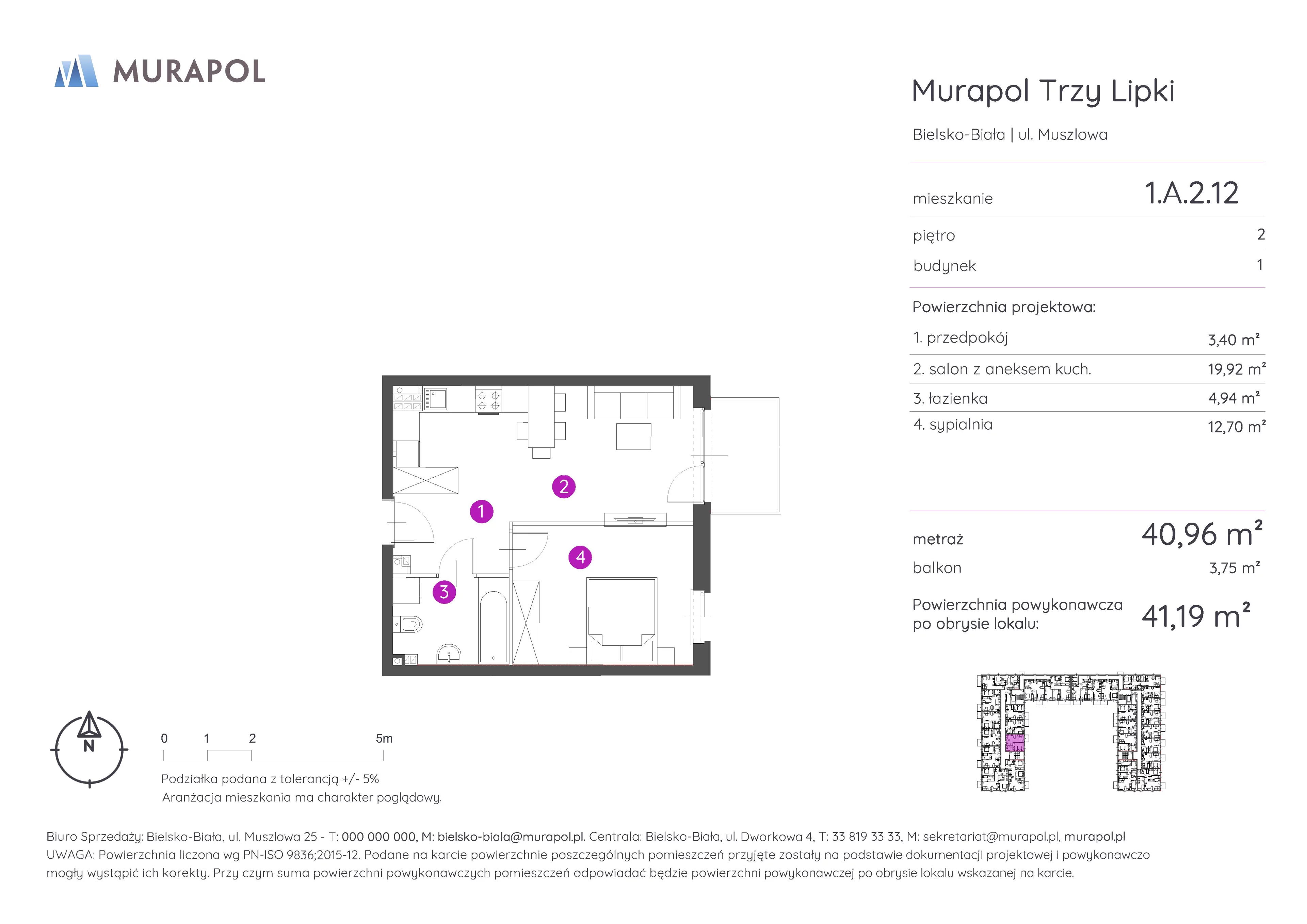 2 pokoje, mieszkanie 41,19 m², piętro 2, oferta nr 1.A.2.12, Murapol Trzy Lipki, Bielsko-Biała, Stare Bielsko, ul. Muszlowa