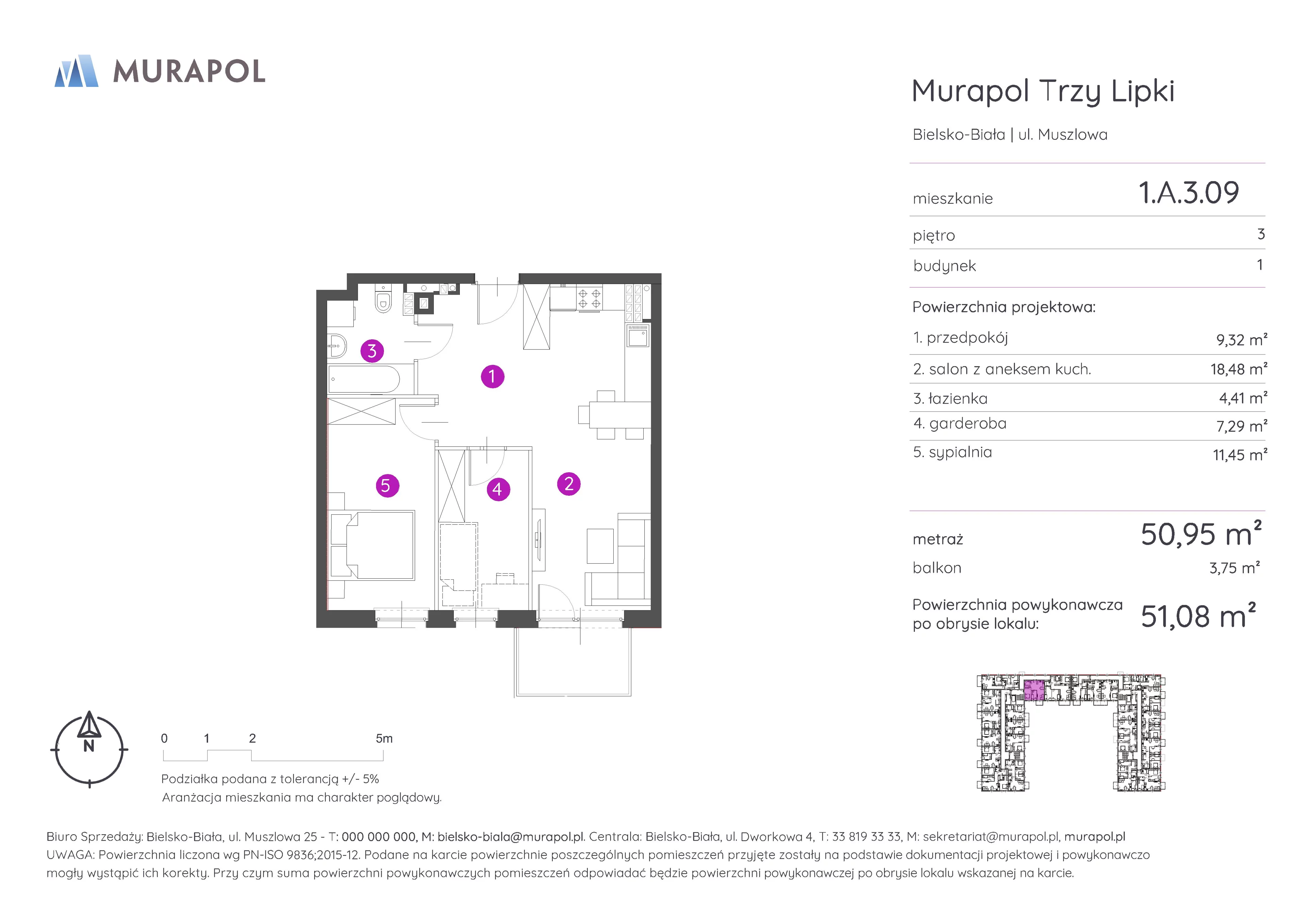 2 pokoje, mieszkanie 51,08 m², piętro 3, oferta nr 1.A.3.09, Murapol Trzy Lipki, Bielsko-Biała, Stare Bielsko, ul. Muszlowa