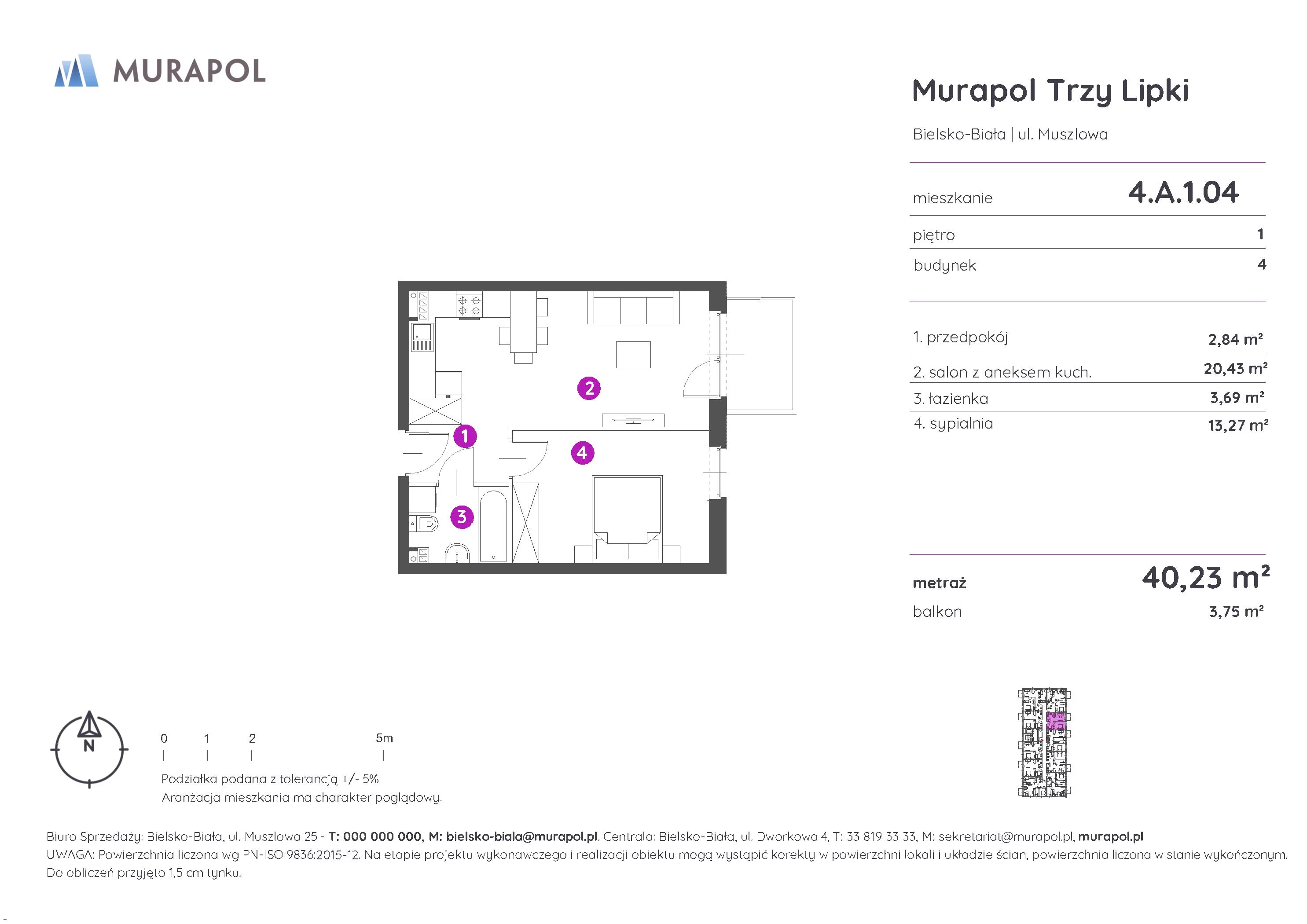 2 pokoje, mieszkanie 40,23 m², piętro 1, oferta nr 4.A.1.04, Murapol Trzy Lipki, Bielsko-Biała, Stare Bielsko, ul. Muszlowa