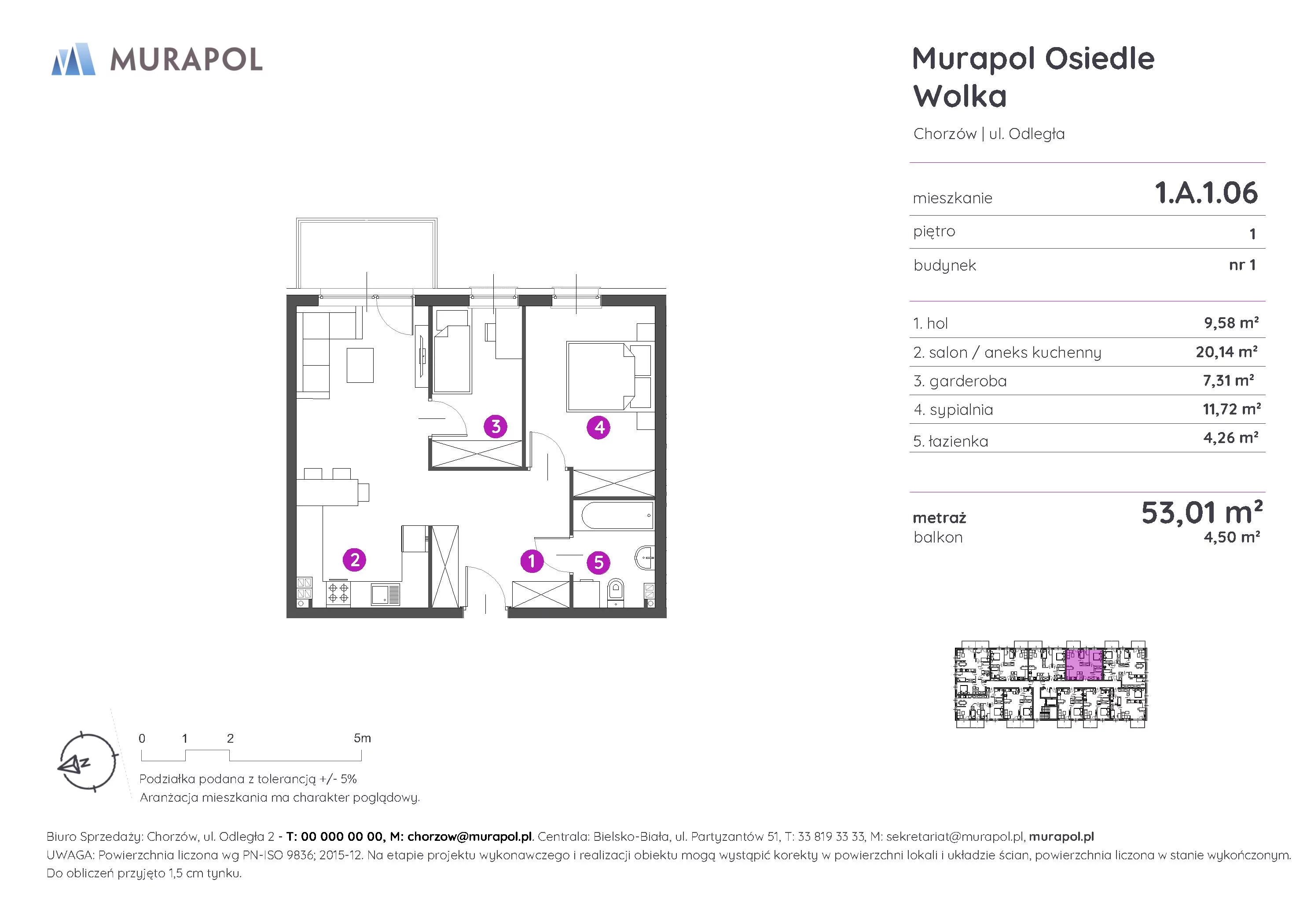 Mieszkanie 53,01 m², piętro 1, oferta nr 1.A.1.06, Murapol Osiedle Wolka, Chorzów, Centrum, ul. Odległa