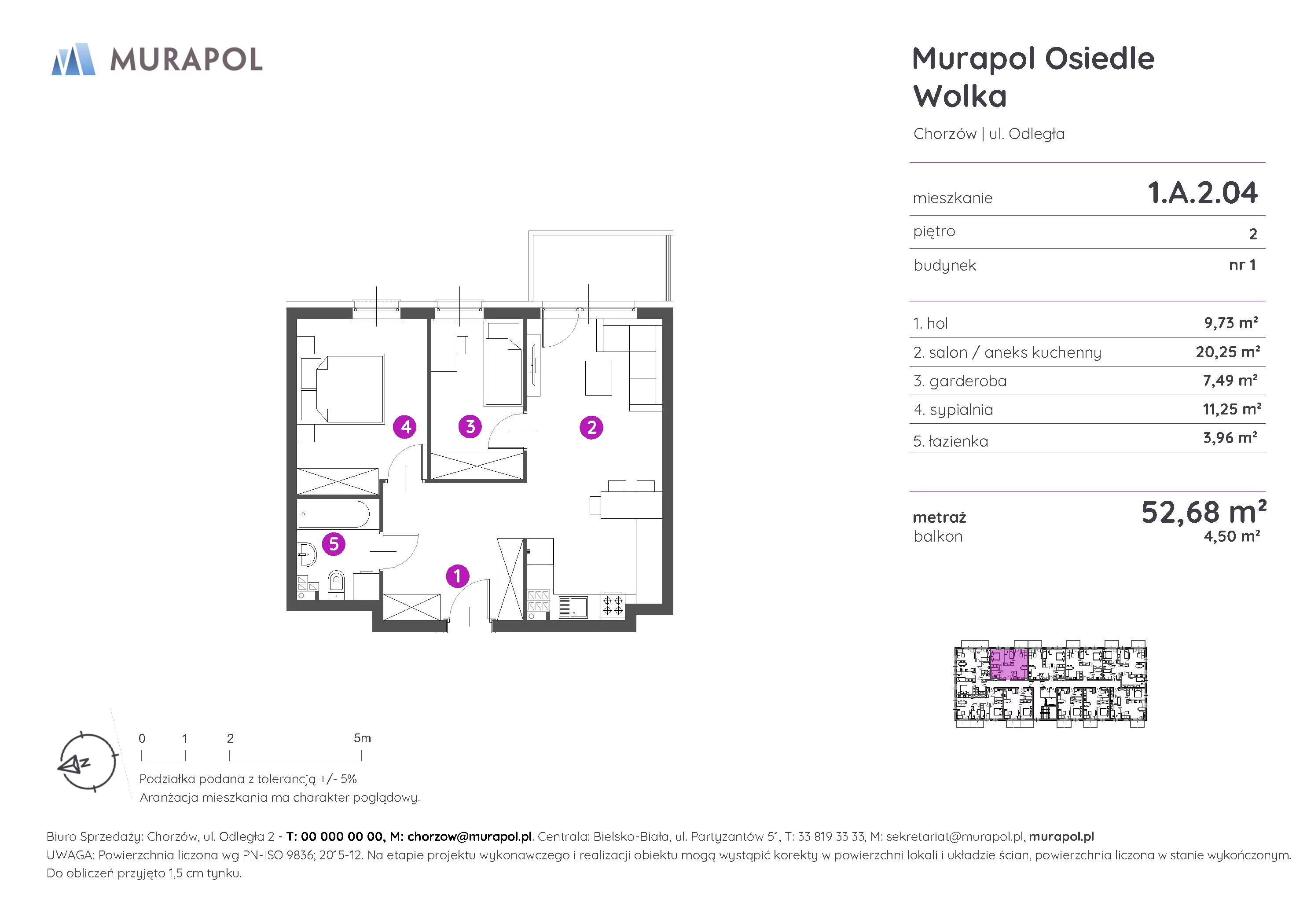 Mieszkanie 52,68 m², piętro 2, oferta nr 1.A.2.04, Murapol Osiedle Wolka, Chorzów, Centrum, ul. Odległa