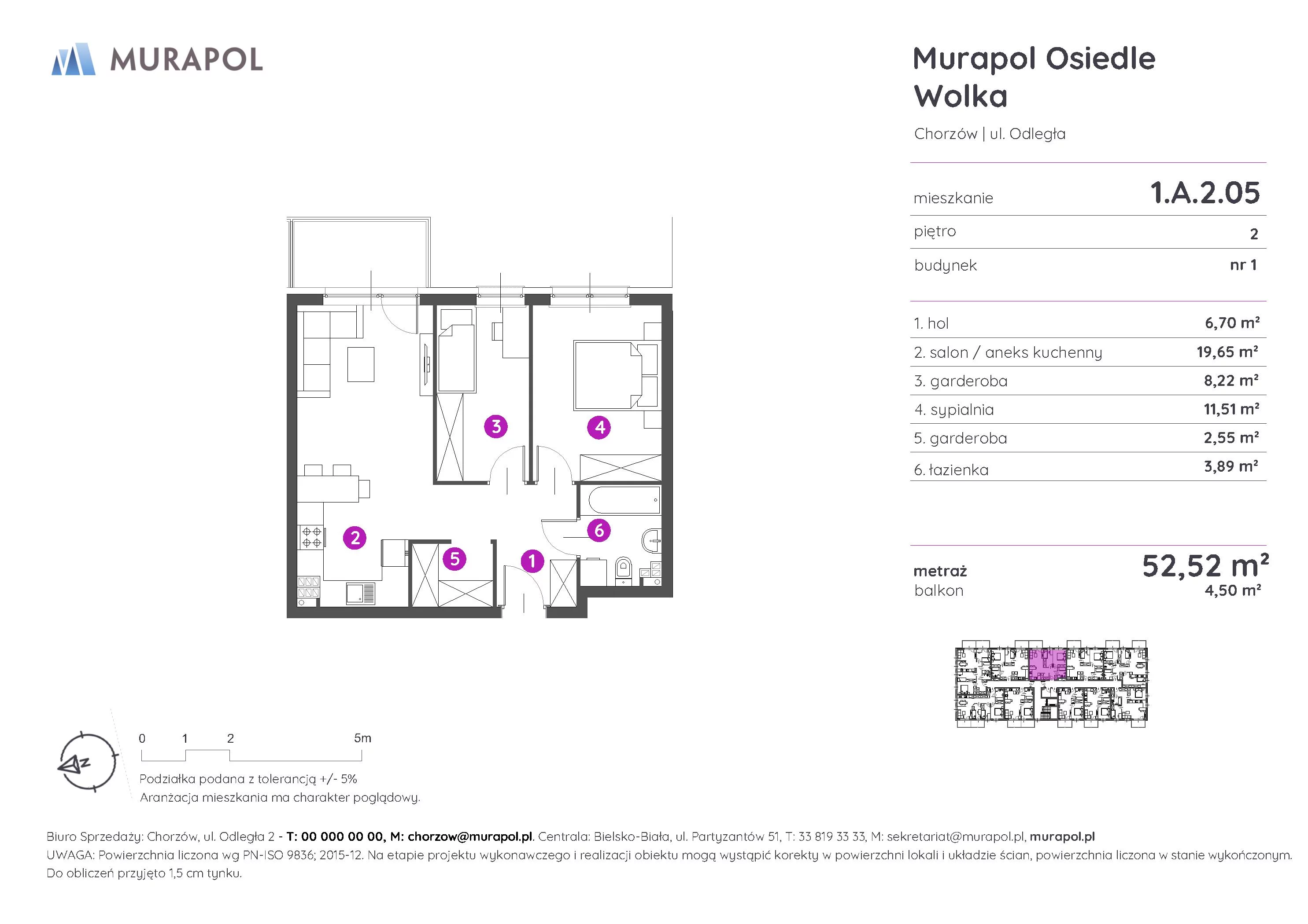 Mieszkanie 52,52 m², piętro 2, oferta nr 1.A.2.05, Murapol Osiedle Wolka, Chorzów, Centrum, ul. Odległa