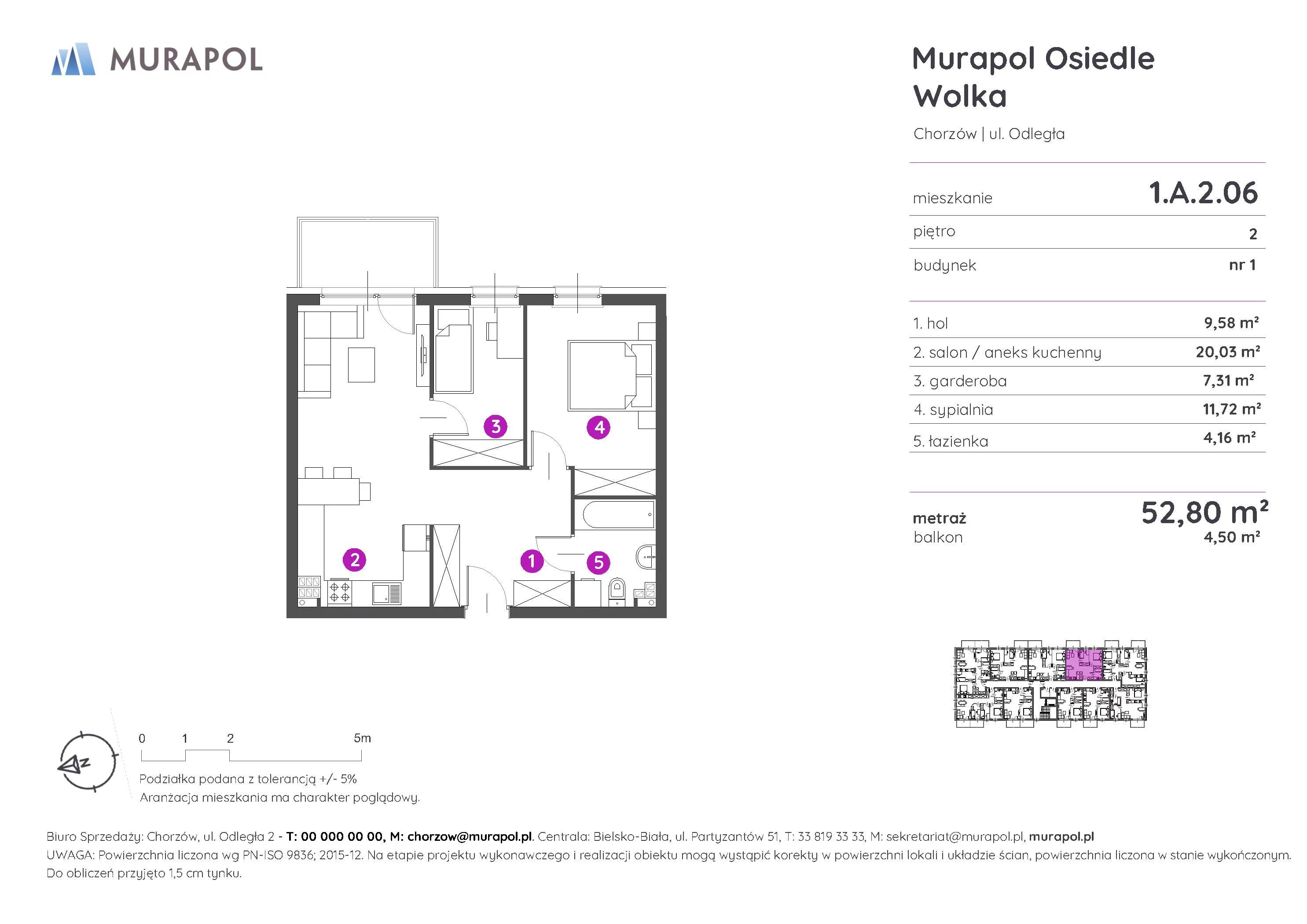 Mieszkanie 52,80 m², piętro 2, oferta nr 1.A.2.06, Murapol Osiedle Wolka, Chorzów, Centrum, ul. Odległa