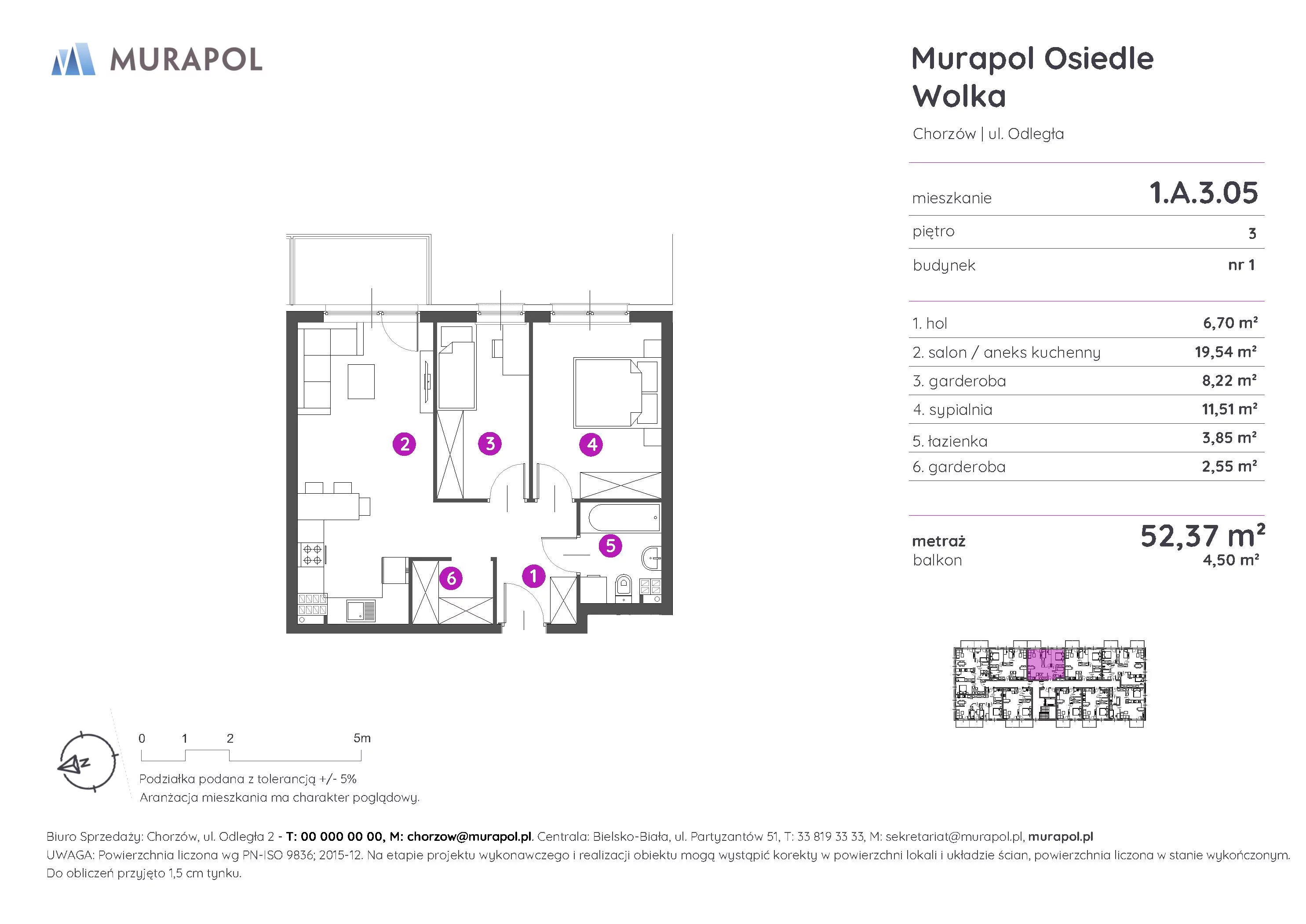 Mieszkanie 52,37 m², piętro 3, oferta nr 1.A.3.05, Murapol Osiedle Wolka, Chorzów, Centrum, ul. Odległa