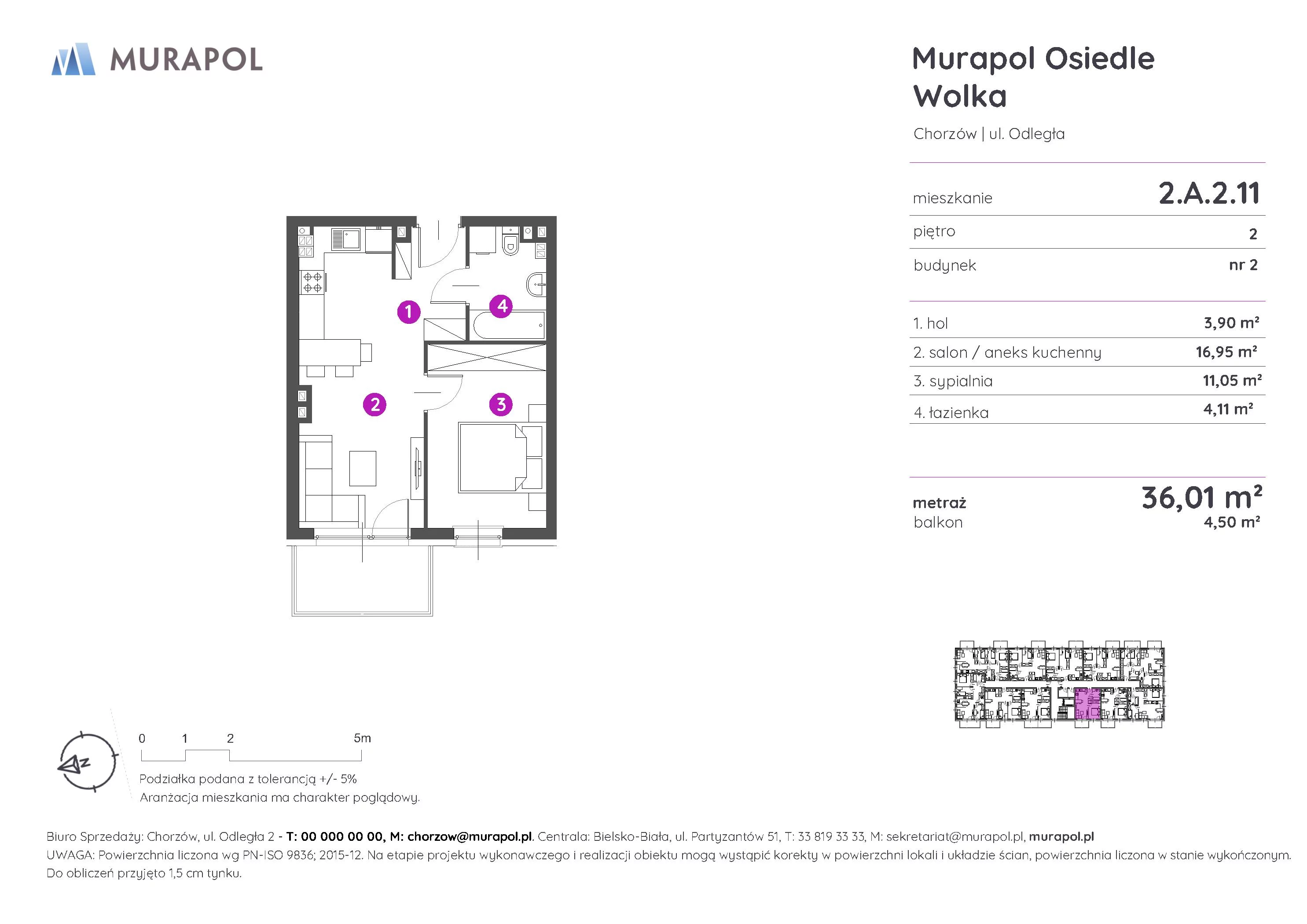 Mieszkanie 36,01 m², piętro 2, oferta nr 2.A.2.11, Murapol Osiedle Wolka, Chorzów, Centrum, ul. Odległa