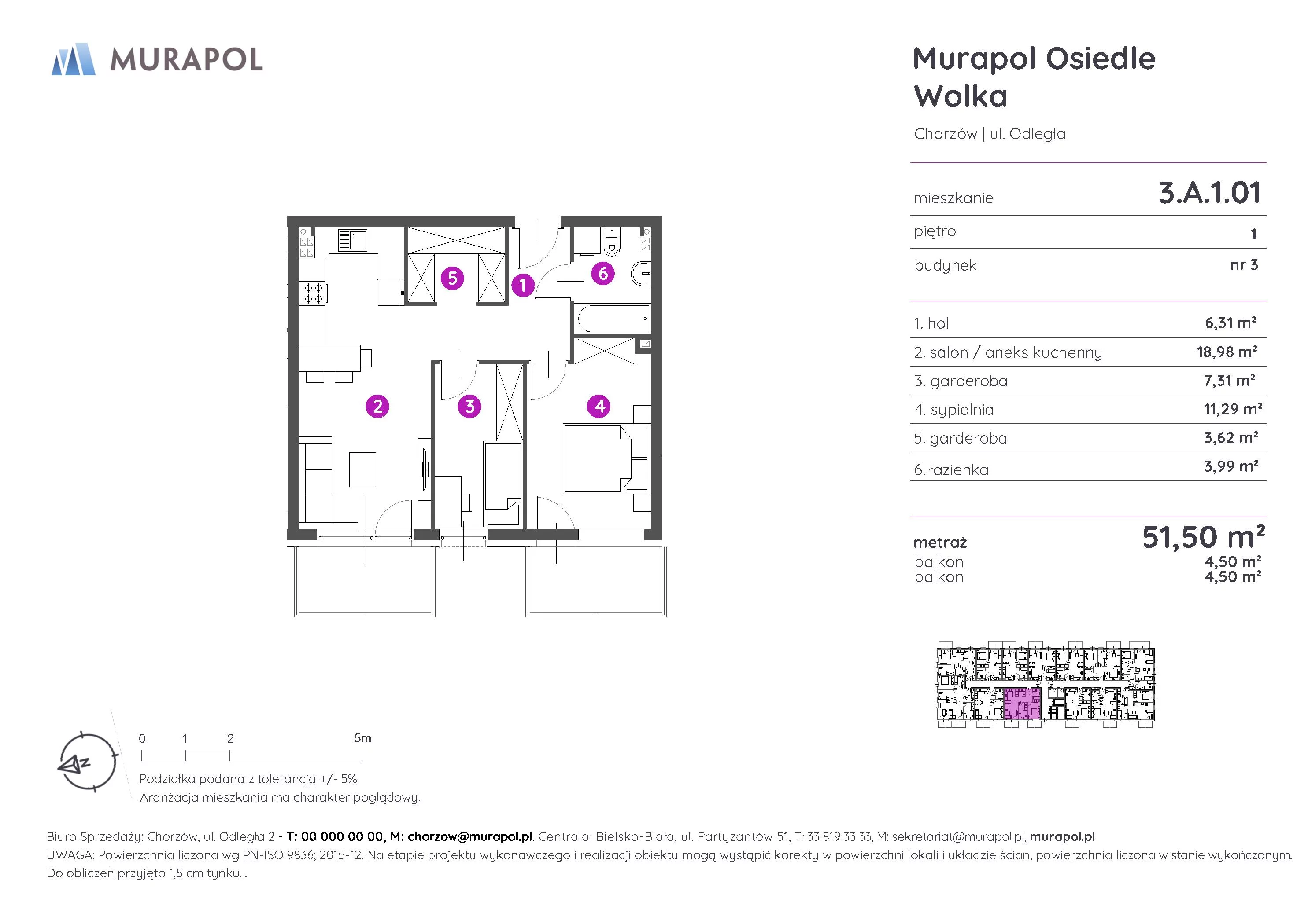 Mieszkanie 51,50 m², piętro 1, oferta nr 3.A.1.01, Murapol Osiedle Wolka, Chorzów, Centrum, ul. Odległa