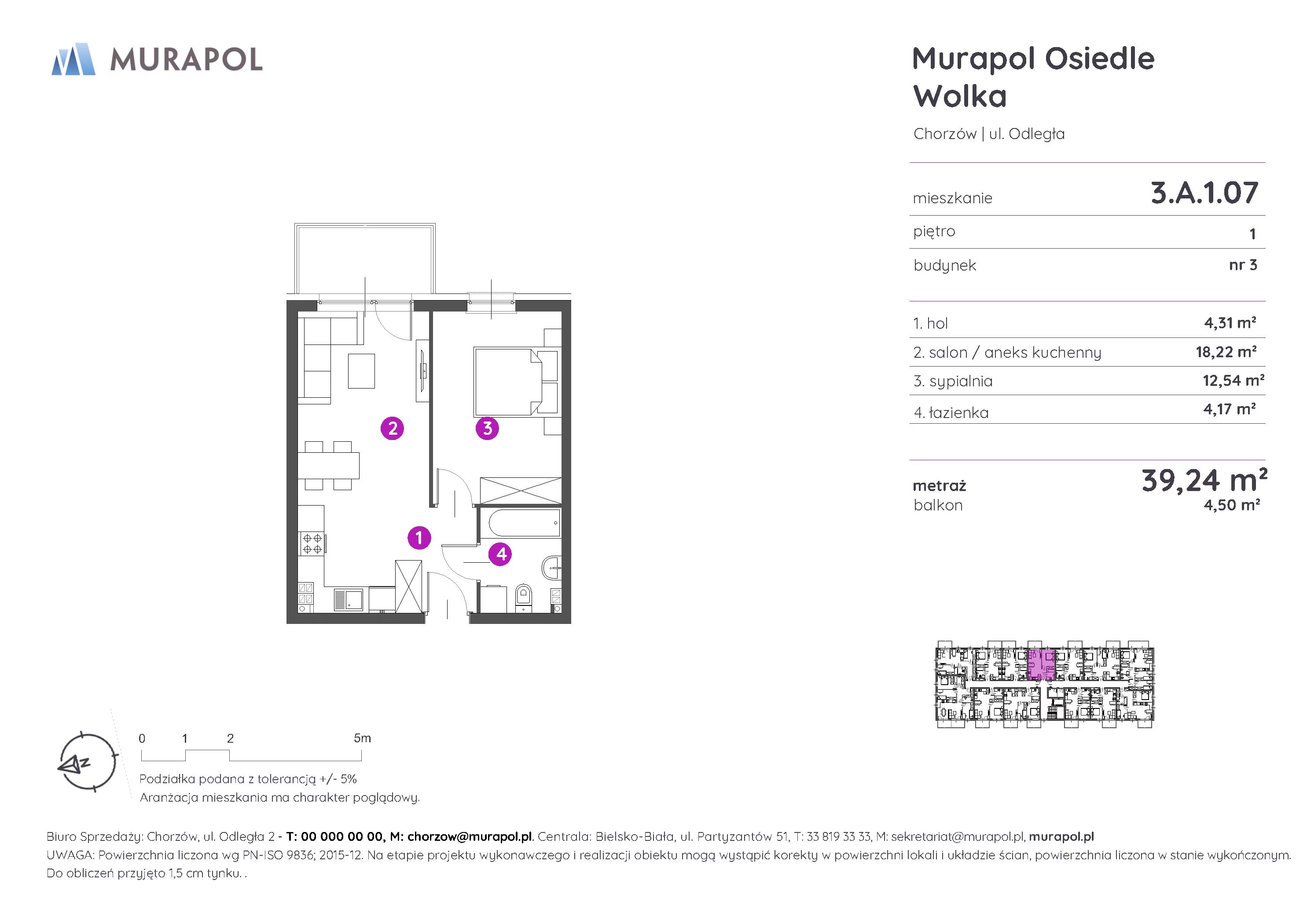 Mieszkanie 39,24 m², piętro 1, oferta nr 3.A.1.07, Murapol Osiedle Wolka, Chorzów, Centrum, ul. Odległa