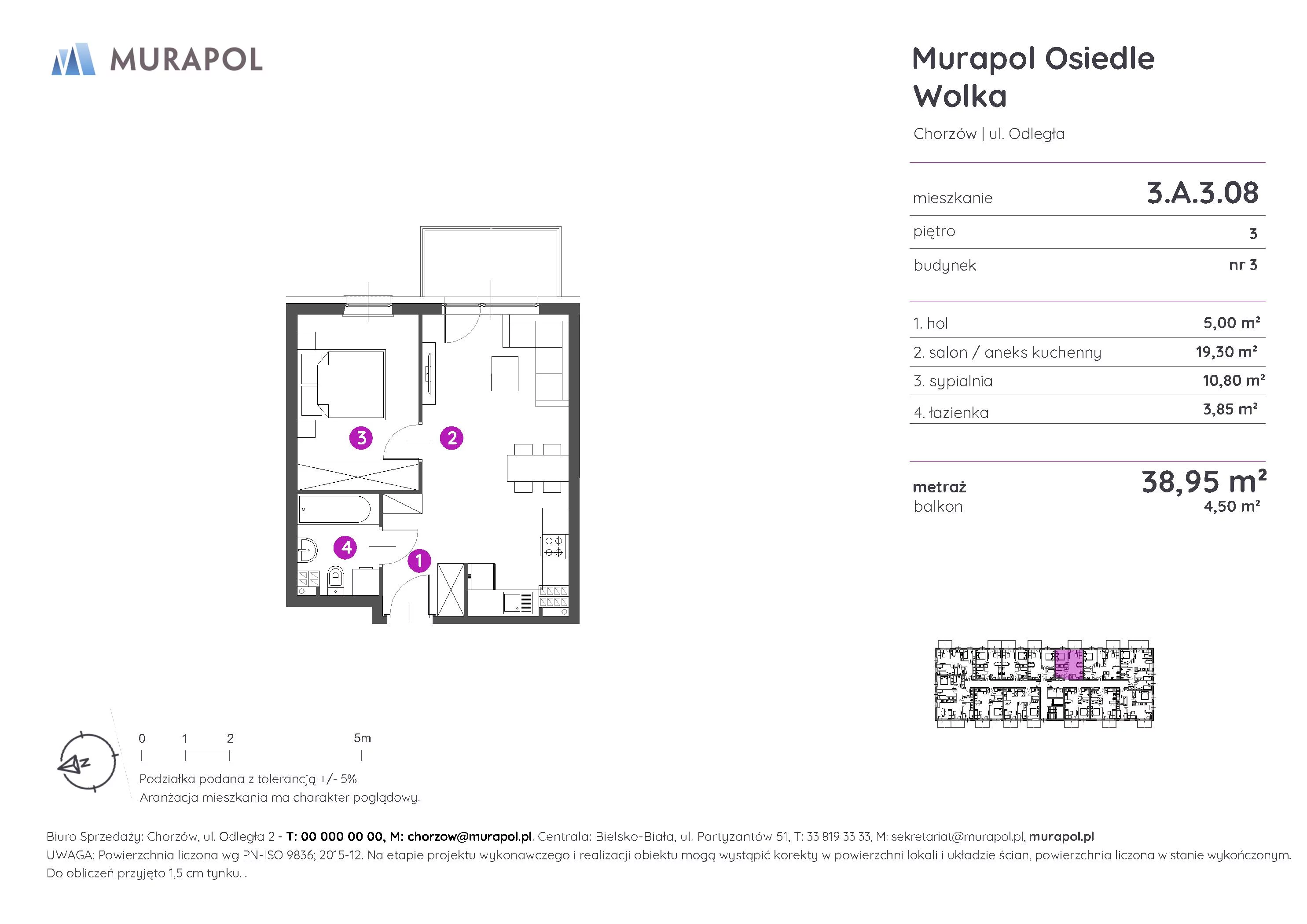 Mieszkanie 38,95 m², piętro 3, oferta nr 3.A.3.08, Murapol Osiedle Wolka, Chorzów, Centrum, ul. Odległa