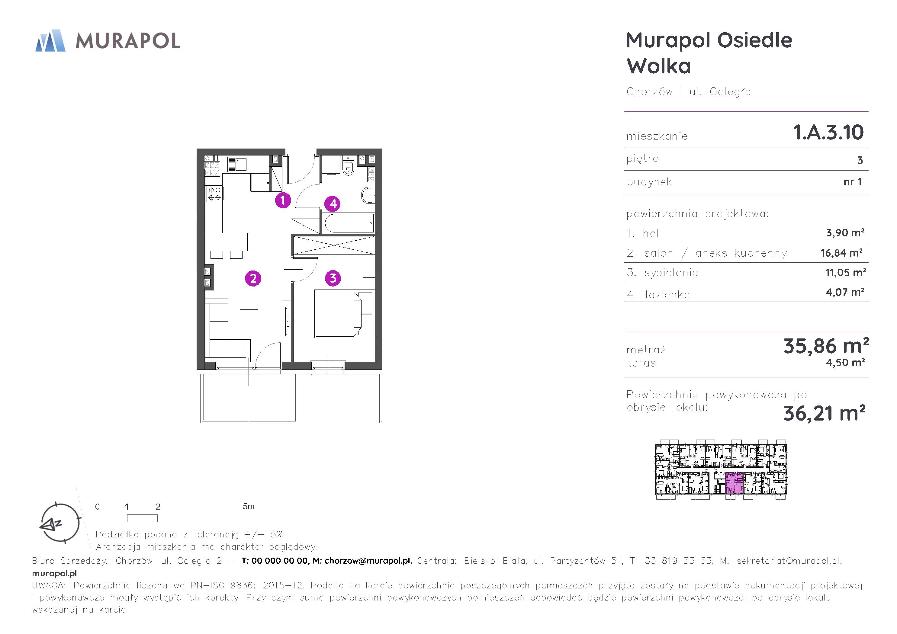 2 pokoje, mieszkanie 36,21 m², piętro 3, oferta nr 1.A.3.10, Murapol Osiedle Wolka, Chorzów, Centrum, ul. Odległa