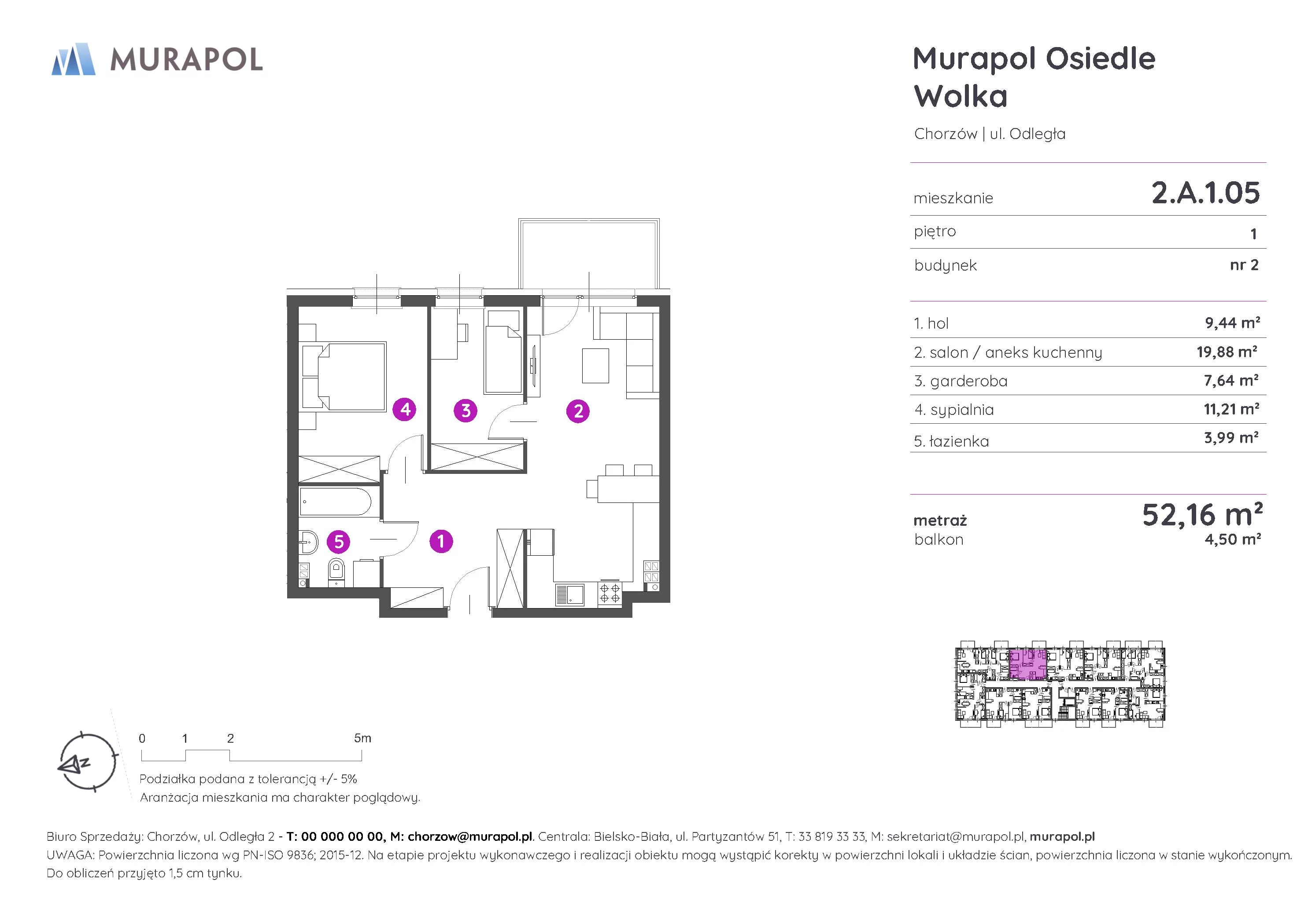 2 pokoje, mieszkanie 52,16 m², piętro 1, oferta nr 2.A.1.05, Murapol Osiedle Wolka, Chorzów, Centrum, ul. Odległa
