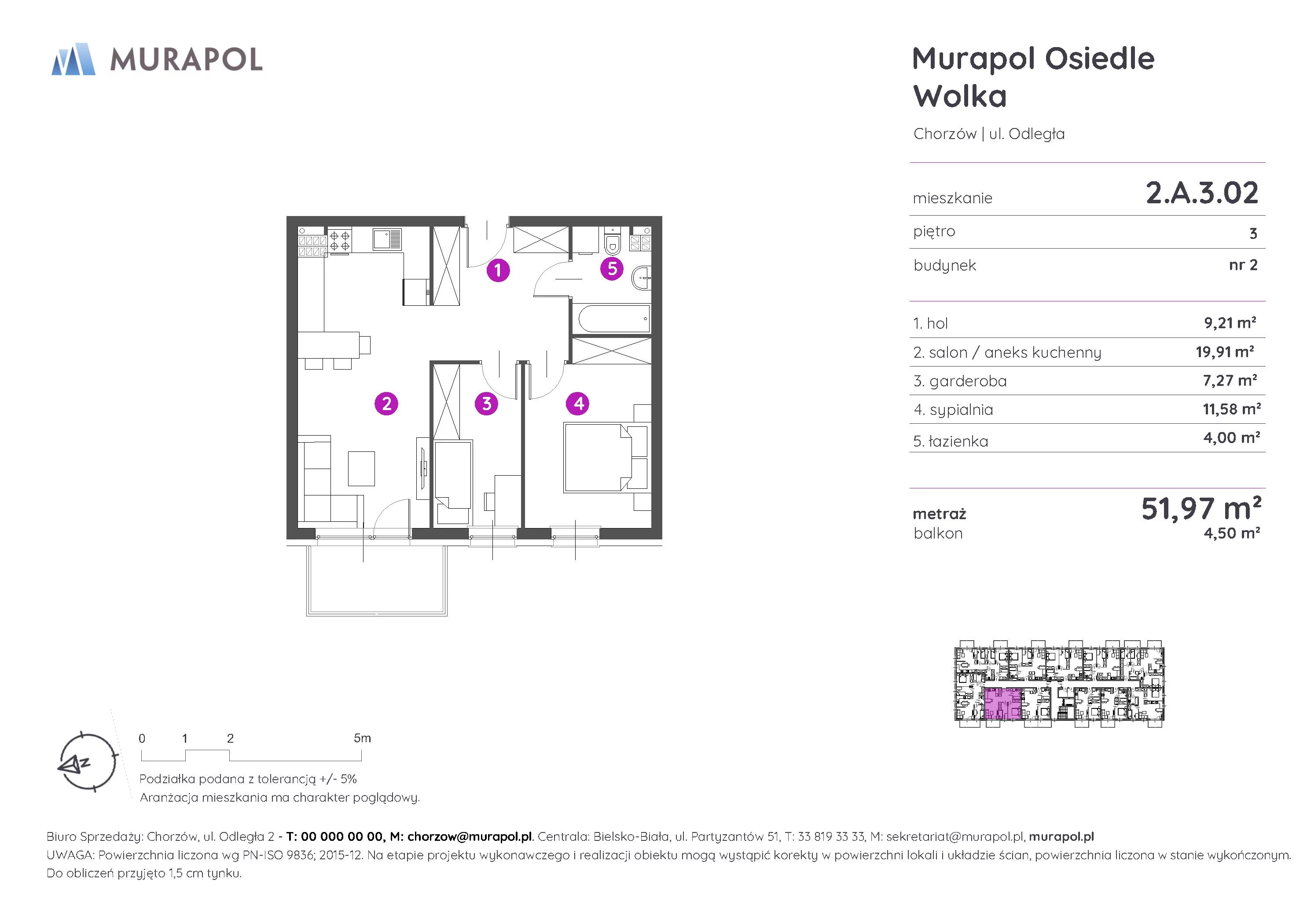 2 pokoje, mieszkanie 52,19 m², piętro 3, oferta nr 2.A.3.02, Murapol Osiedle Wolka, Chorzów, Centrum, ul. Odległa