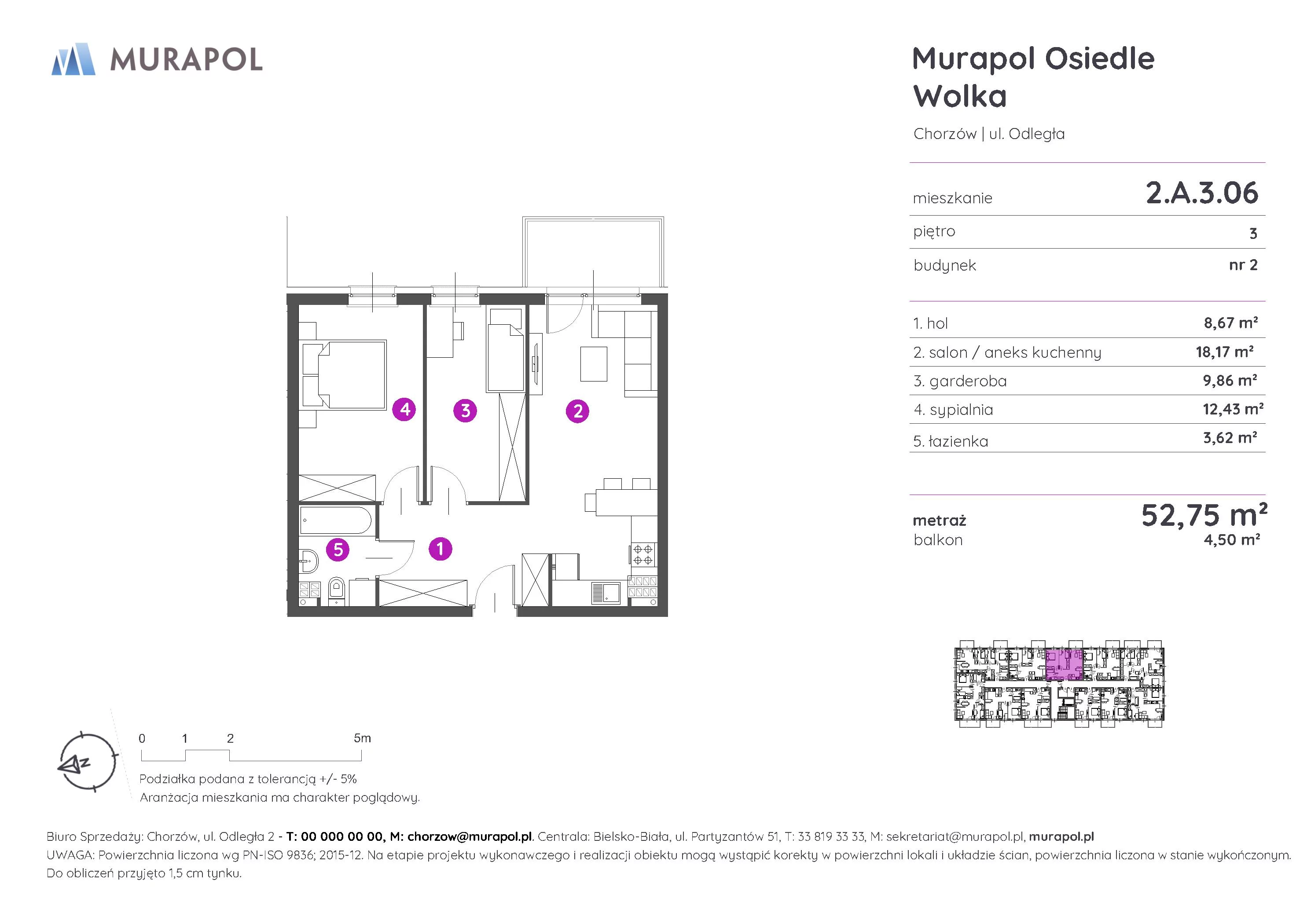 2 pokoje, mieszkanie 52,97 m², piętro 3, oferta nr 2.A.3.06, Murapol Osiedle Wolka, Chorzów, Centrum, ul. Odległa