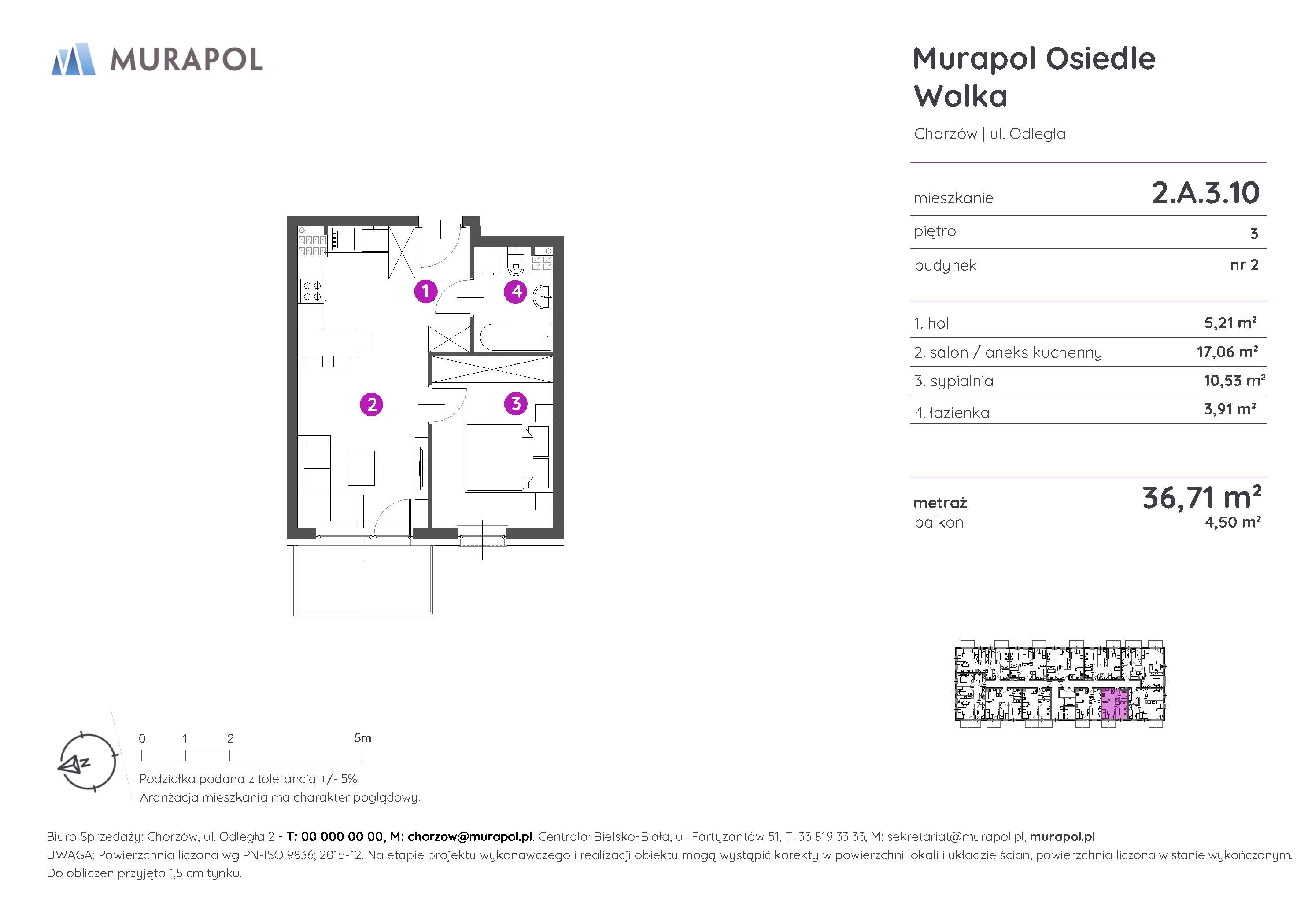 2 pokoje, mieszkanie 36,70 m², piętro 3, oferta nr 2.A.3.10, Murapol Osiedle Wolka, Chorzów, Centrum, ul. Odległa