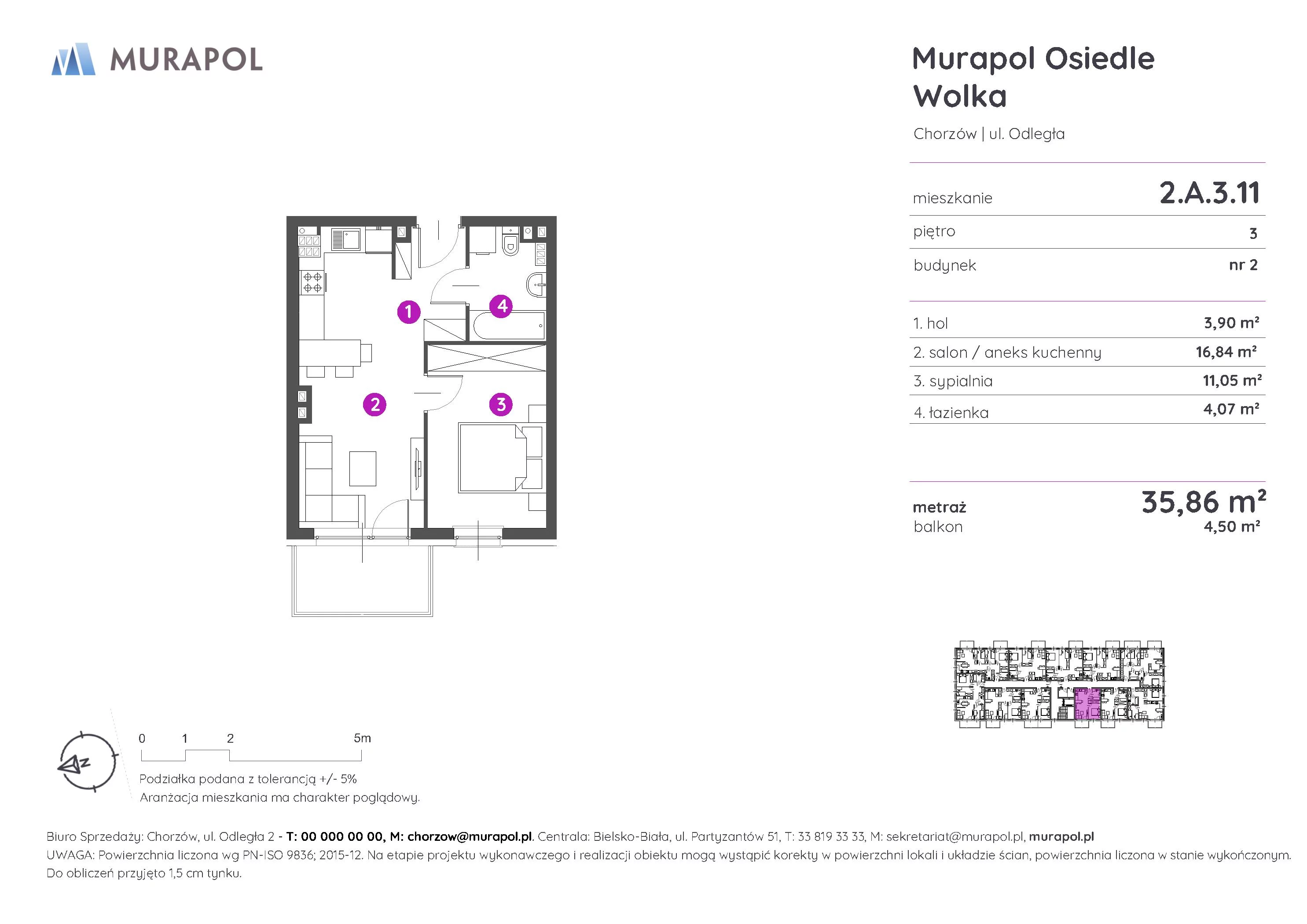 2 pokoje, mieszkanie 35,86 m², piętro 3, oferta nr 2.A.3.11, Murapol Osiedle Wolka, Chorzów, Centrum, ul. Odległa