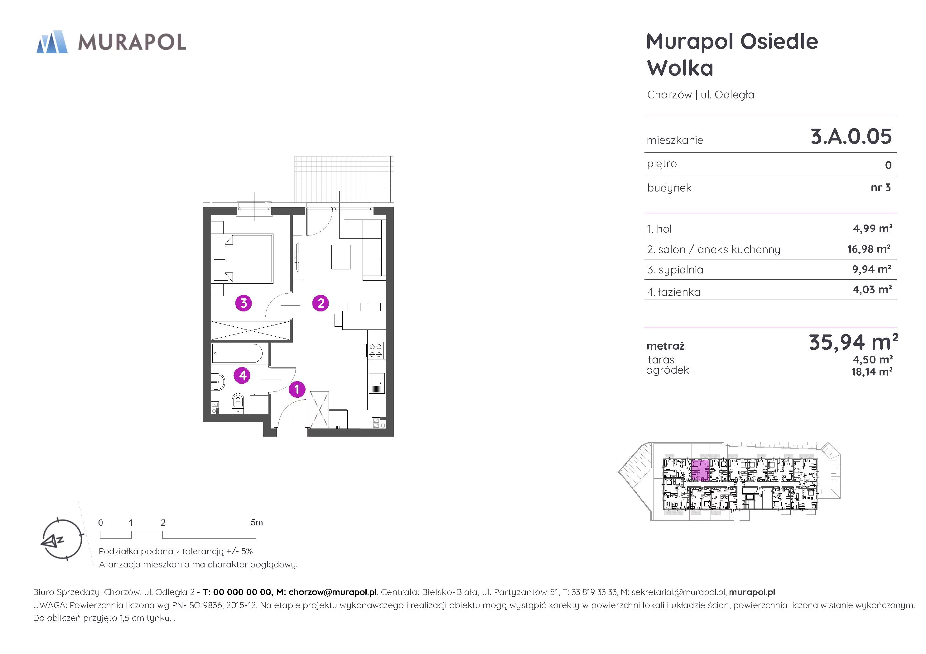 2 pokoje, mieszkanie 35,98 m², parter, oferta nr 3.A.0.05, Murapol Osiedle Wolka, Chorzów, Centrum, ul. Odległa