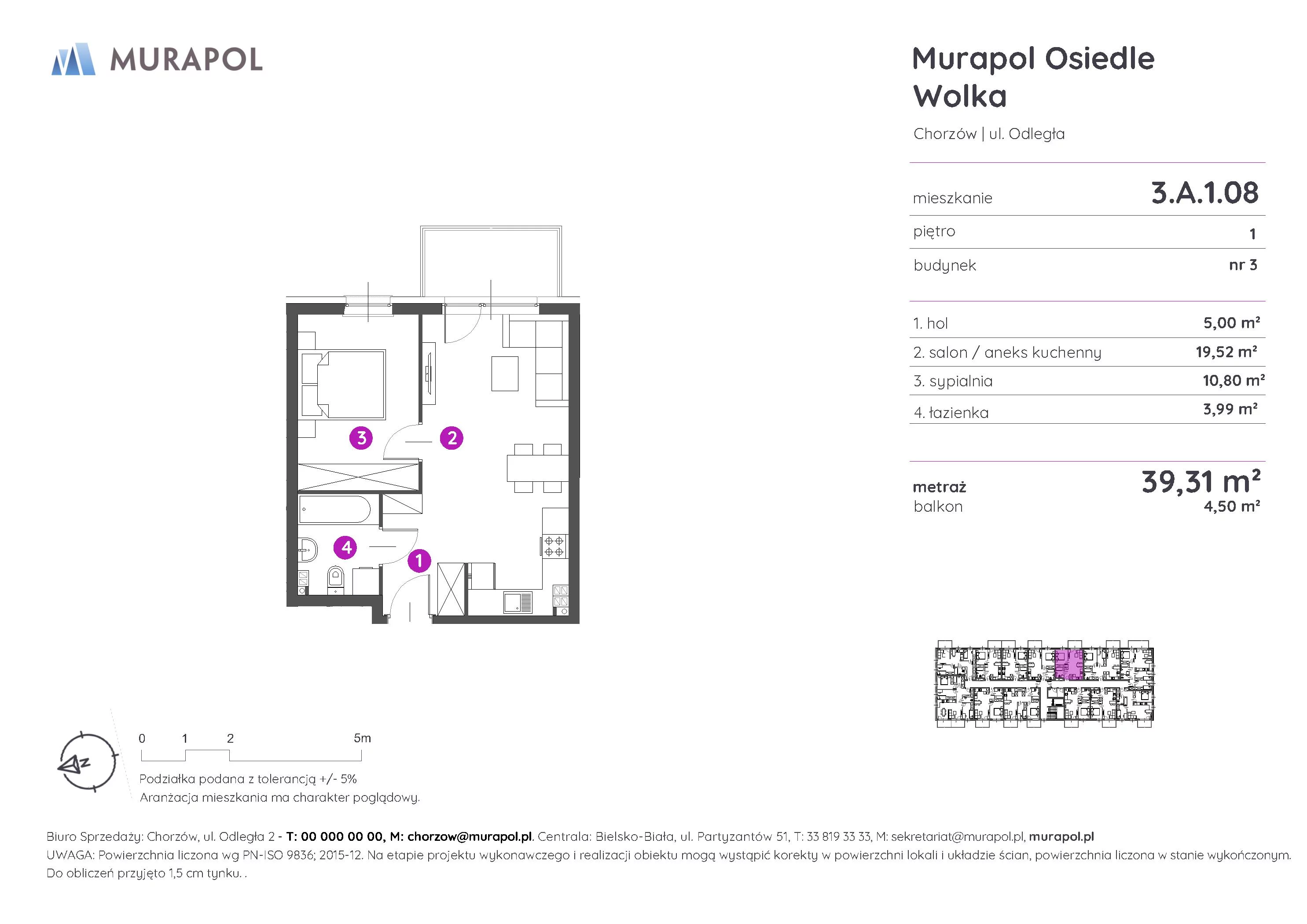 2 pokoje, mieszkanie 39,30 m², piętro 1, oferta nr 3.A.1.08, Murapol Osiedle Wolka, Chorzów, Centrum, ul. Odległa