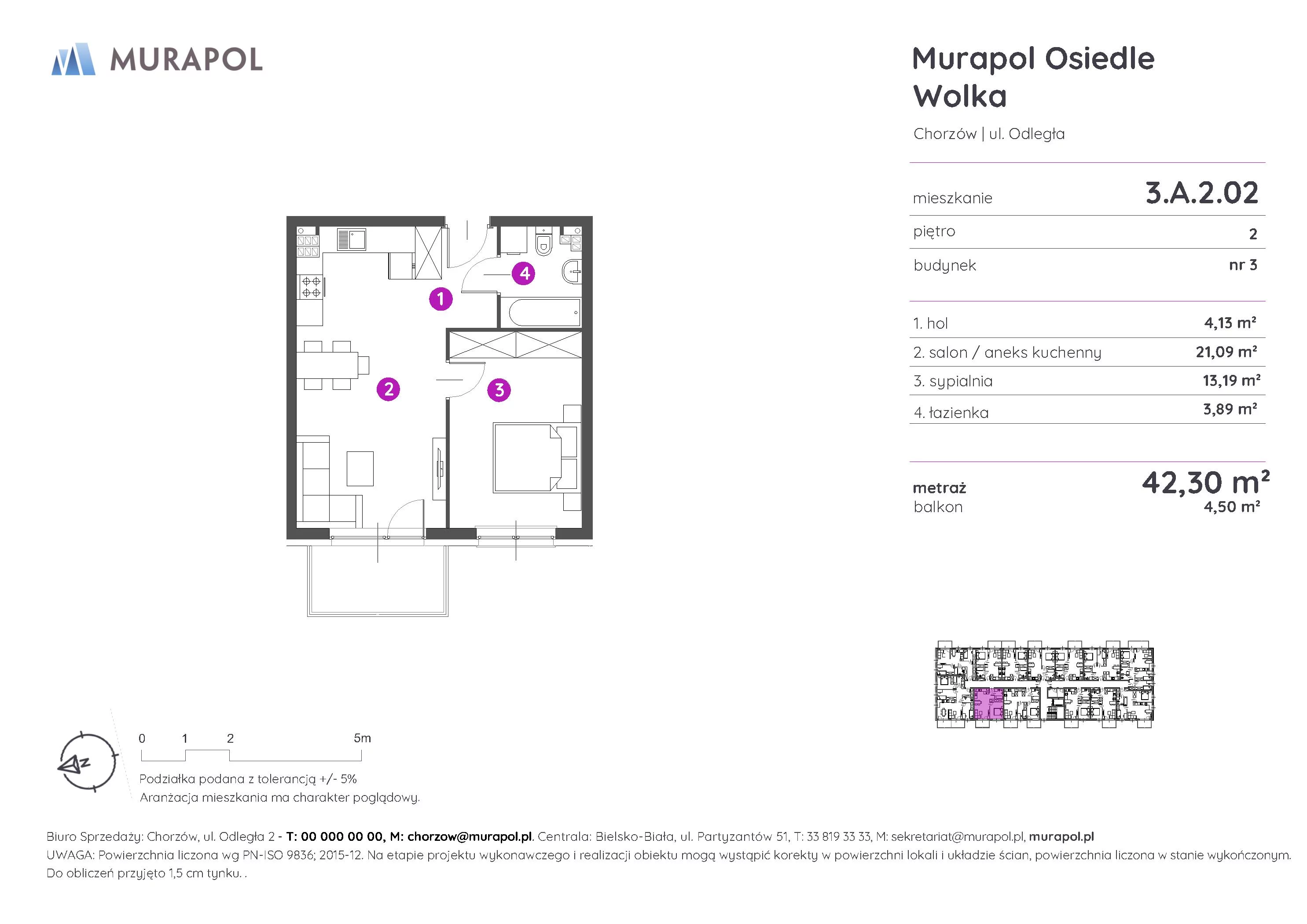 2 pokoje, mieszkanie 42,47 m², piętro 2, oferta nr 3.A.2.02, Murapol Osiedle Wolka, Chorzów, Centrum, ul. Odległa