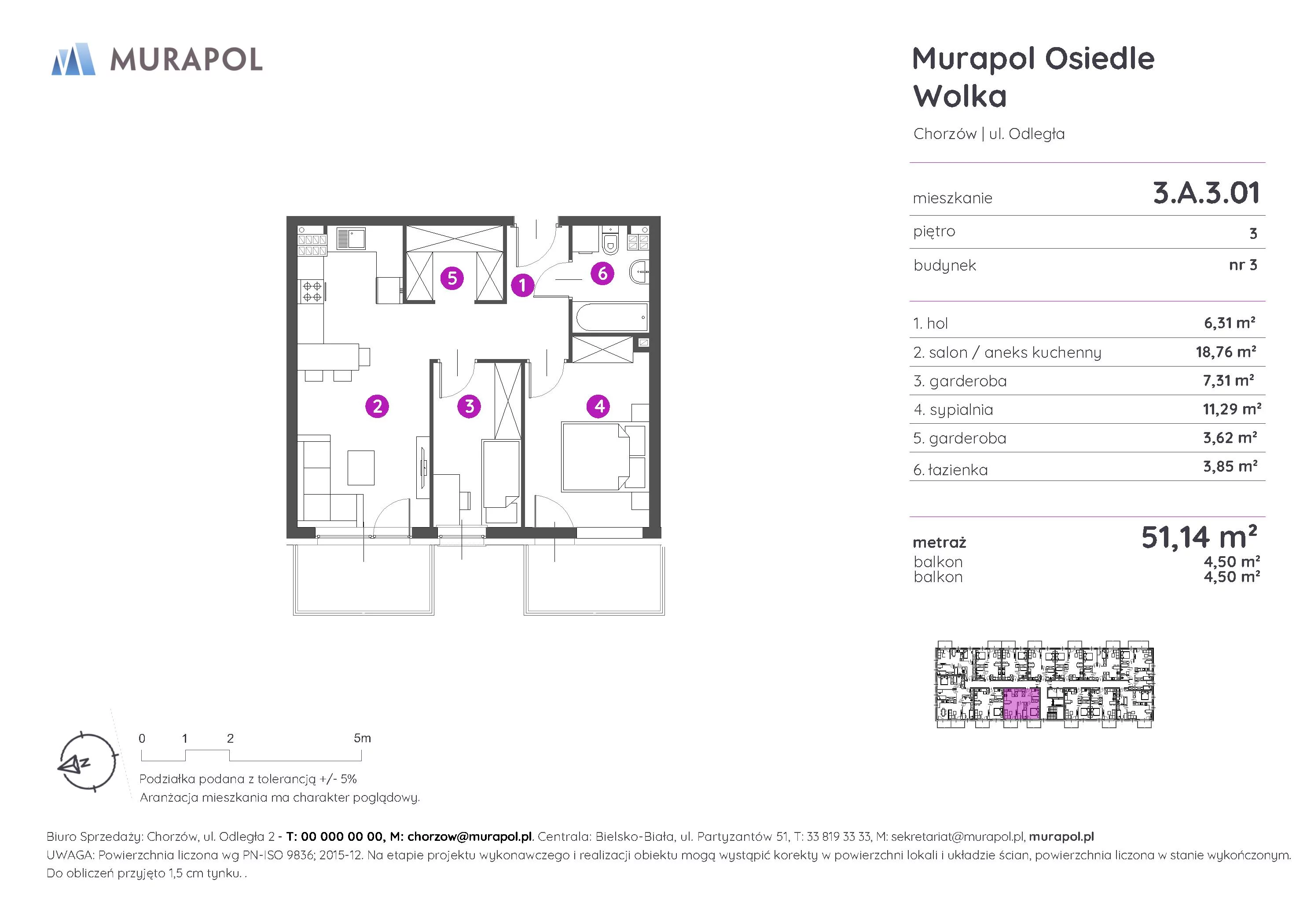 2 pokoje, mieszkanie 51,13 m², piętro 3, oferta nr 3.A.3.01, Murapol Osiedle Wolka, Chorzów, Centrum, ul. Odległa