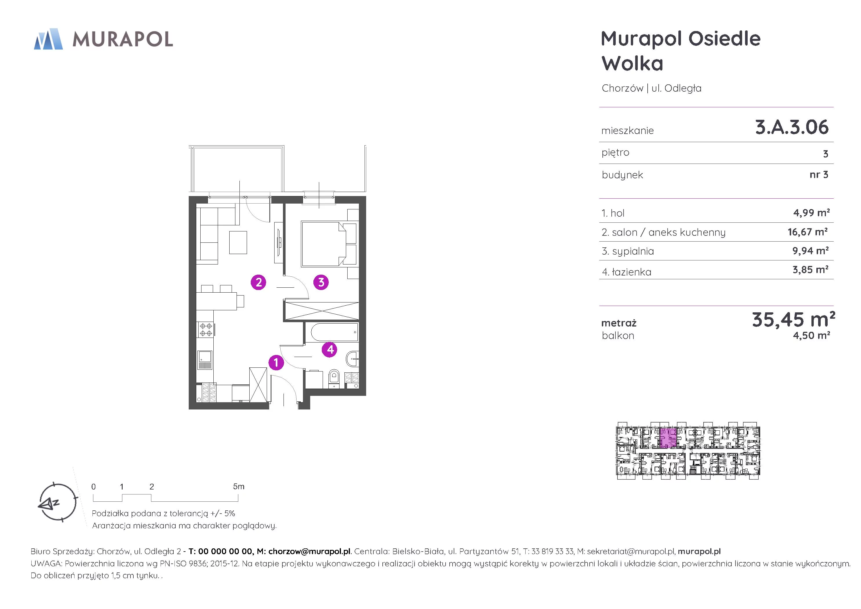 2 pokoje, mieszkanie 35,51 m², piętro 3, oferta nr 3.A.3.06, Murapol Osiedle Wolka, Chorzów, Centrum, ul. Odległa