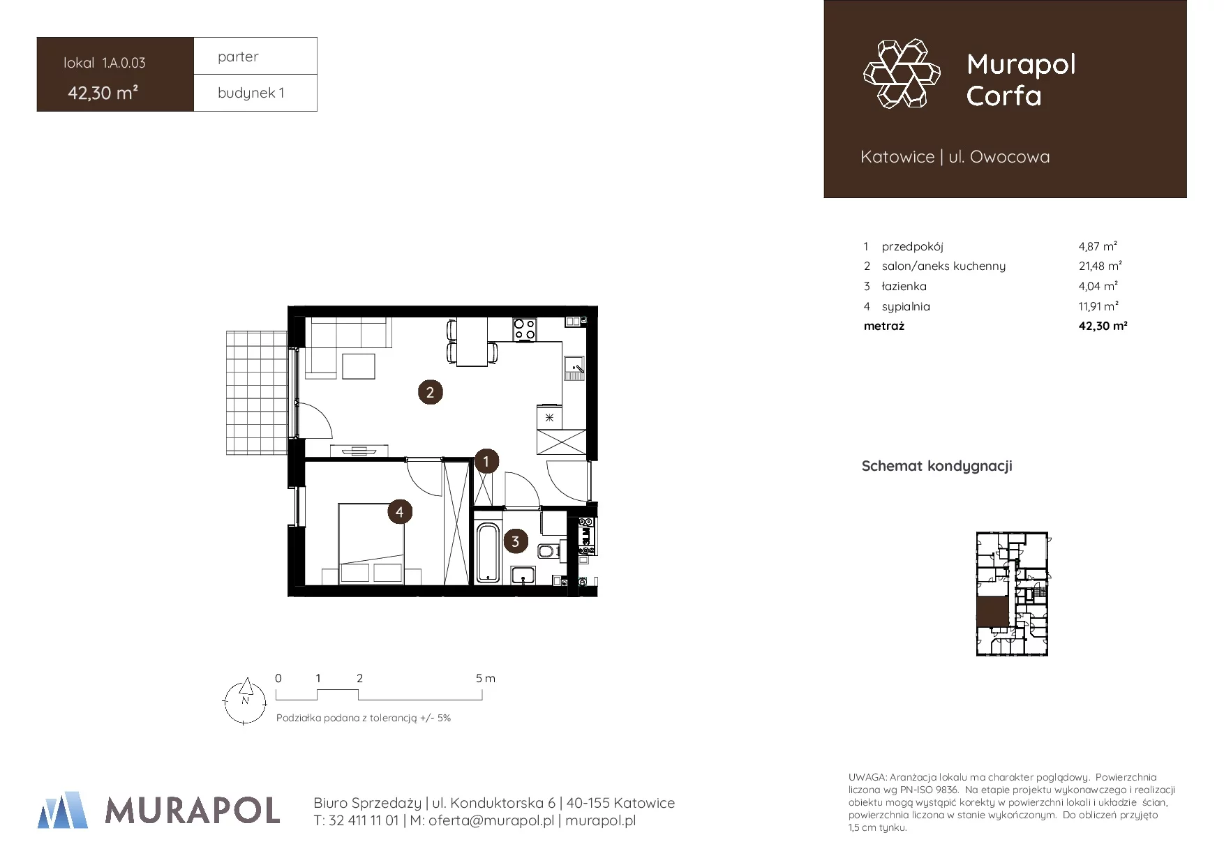 2 pokoje, mieszkanie 42,30 m², parter, oferta nr 1.A.0.03, Murapol Corfa, Katowice, Wełnowiec-Józefowiec, Wełnowiec, ul. Owocowa