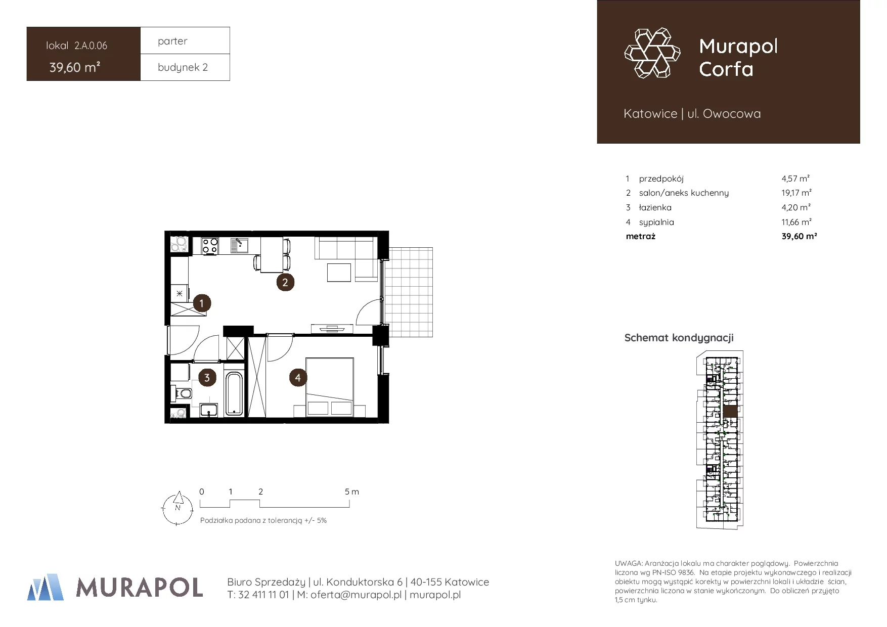 Mieszkanie 39,60 m², parter, oferta nr 2.A.0.06, Murapol Corfa, Katowice, Wełnowiec-Józefowiec, Wełnowiec, ul. Owocowa