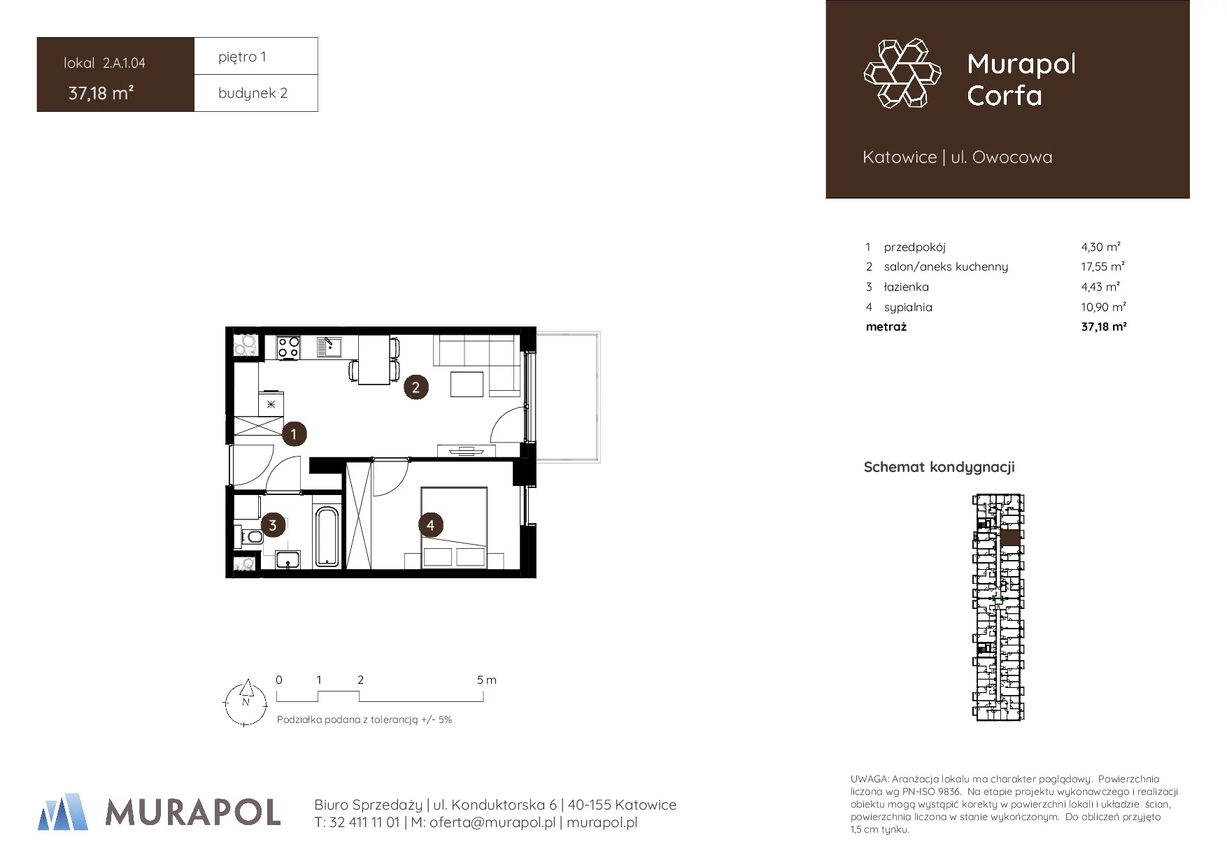 Mieszkanie 37,18 m², piętro 1, oferta nr 2.A.1.04, Murapol Corfa, Katowice, Wełnowiec-Józefowiec, Wełnowiec, ul. Owocowa