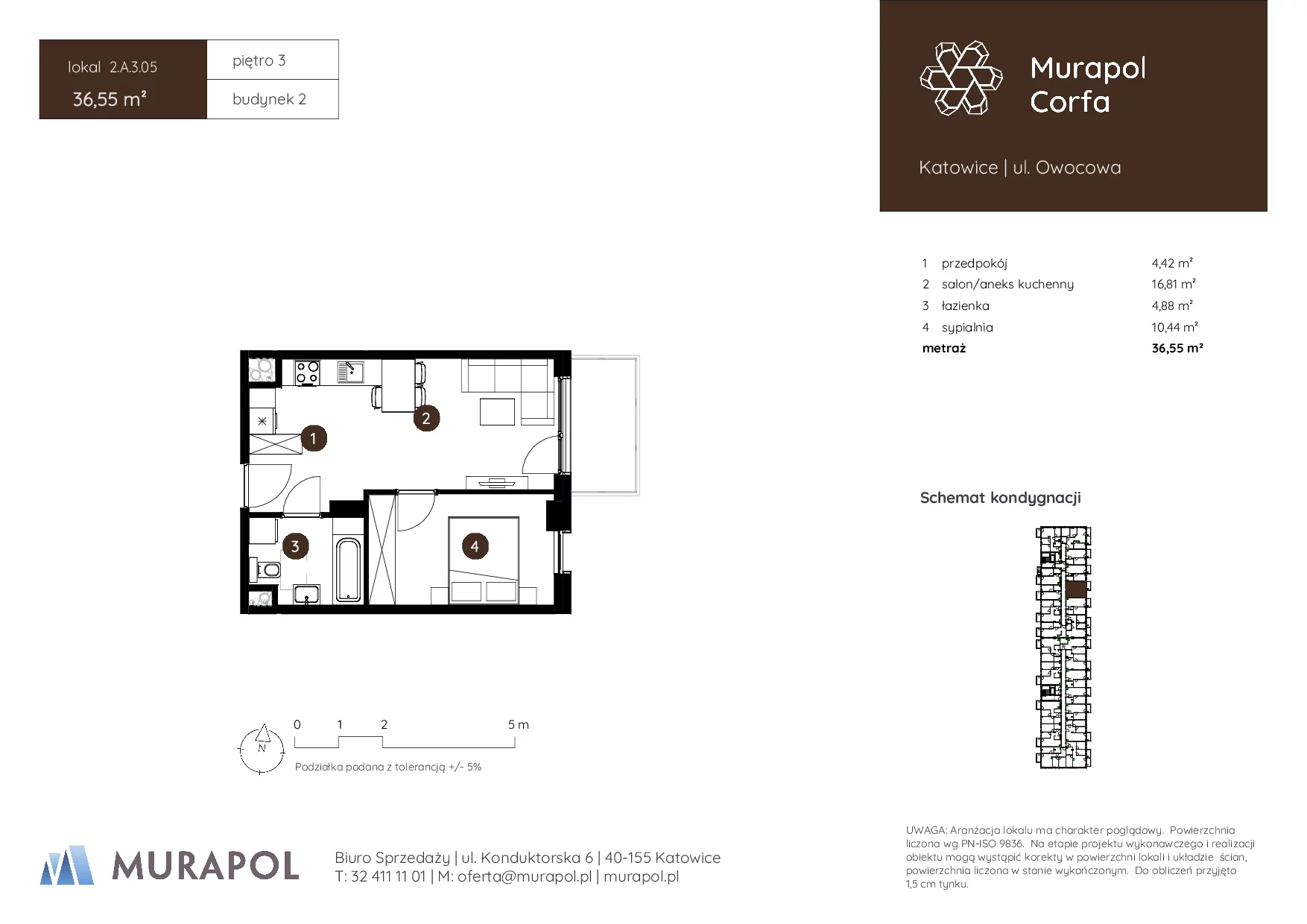 Mieszkanie 36,55 m², piętro 3, oferta nr 2.A.3.05, Murapol Corfa, Katowice, Wełnowiec-Józefowiec, Wełnowiec, ul. Owocowa