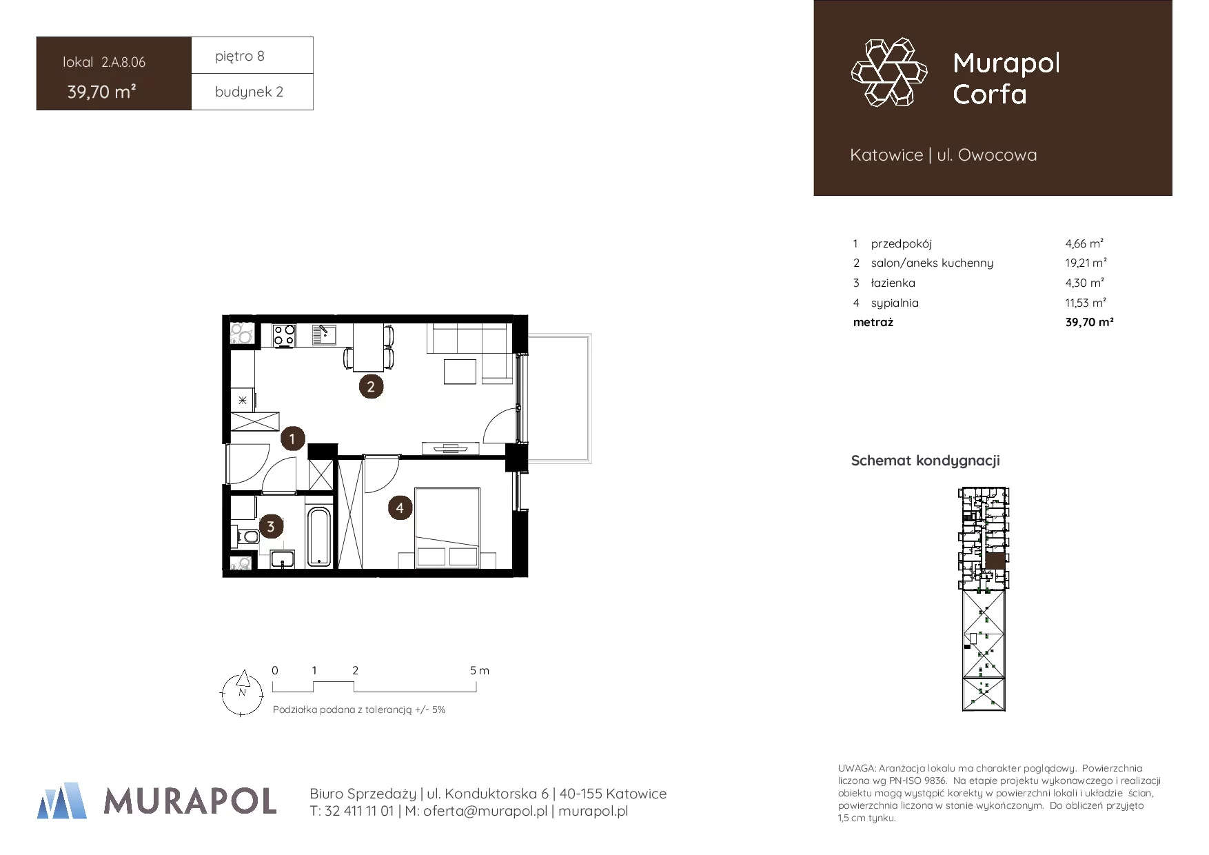 Mieszkanie 39,70 m², piętro 8, oferta nr 2.A.8.06, Murapol Corfa, Katowice, Wełnowiec-Józefowiec, Wełnowiec, ul. Owocowa