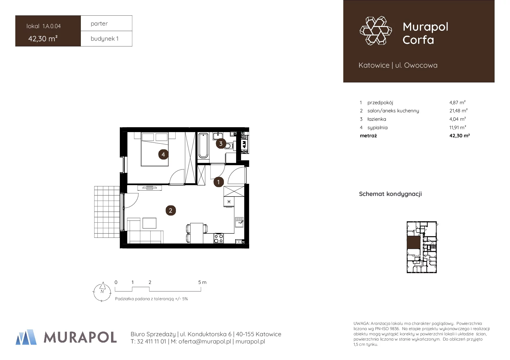 2 pokoje, mieszkanie 42,30 m², parter, oferta nr 1.A.0.04, Murapol Corfa, Katowice, Wełnowiec-Józefowiec, Wełnowiec, ul. Owocowa