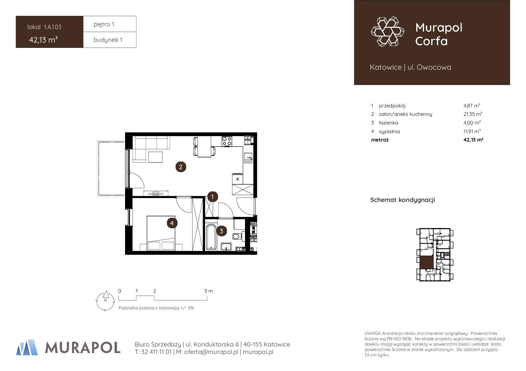 2 pokoje, mieszkanie 42,13 m², piętro 1, oferta nr 1.A.1.03, Murapol Corfa, Katowice, Wełnowiec-Józefowiec, Wełnowiec, ul. Owocowa