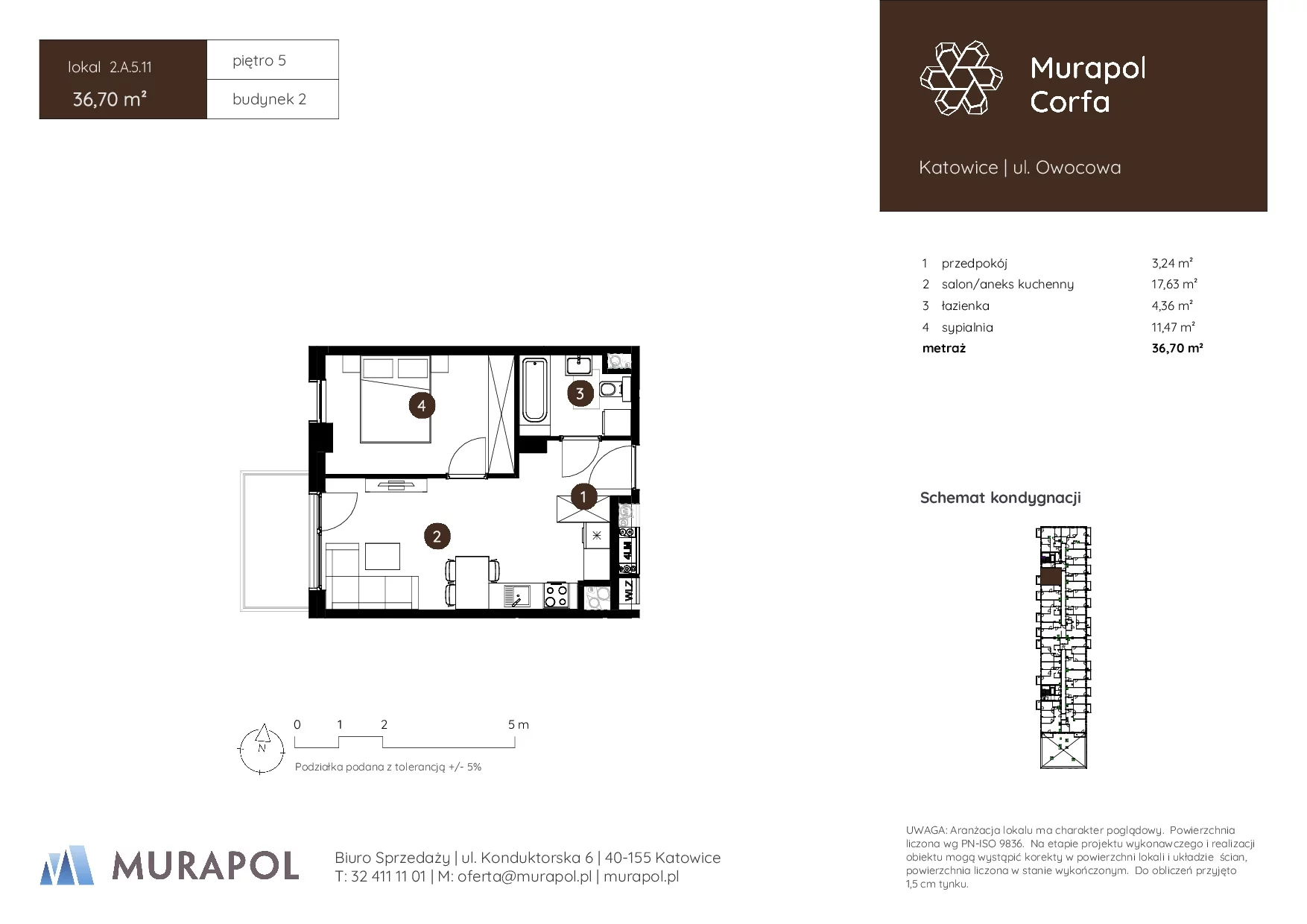2 pokoje, mieszkanie 36,70 m², piętro 5, oferta nr 2.A.5.11, Murapol Corfa, Katowice, Wełnowiec-Józefowiec, Wełnowiec, ul. Owocowa
