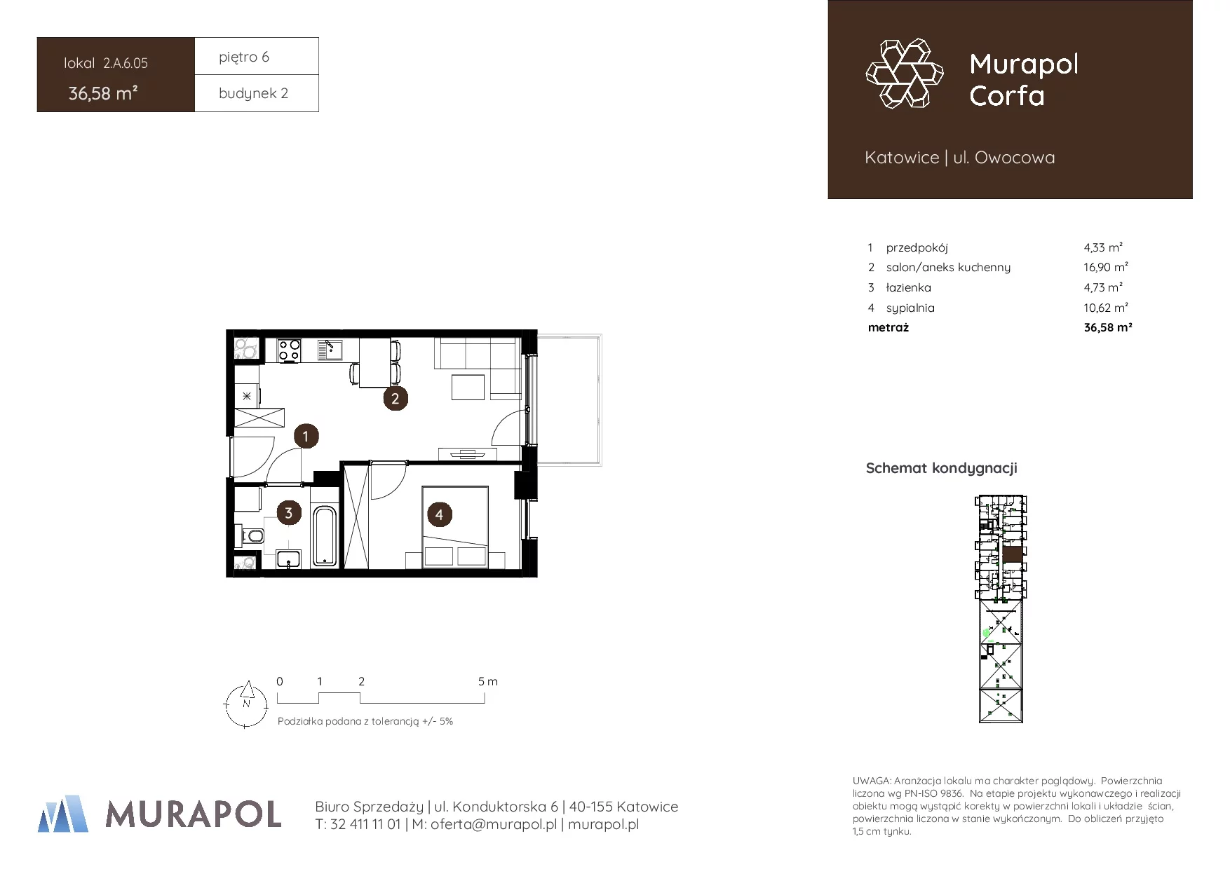 2 pokoje, mieszkanie 36,58 m², piętro 6, oferta nr 2.A.6.05, Murapol Corfa, Katowice, Wełnowiec-Józefowiec, Wełnowiec, ul. Owocowa