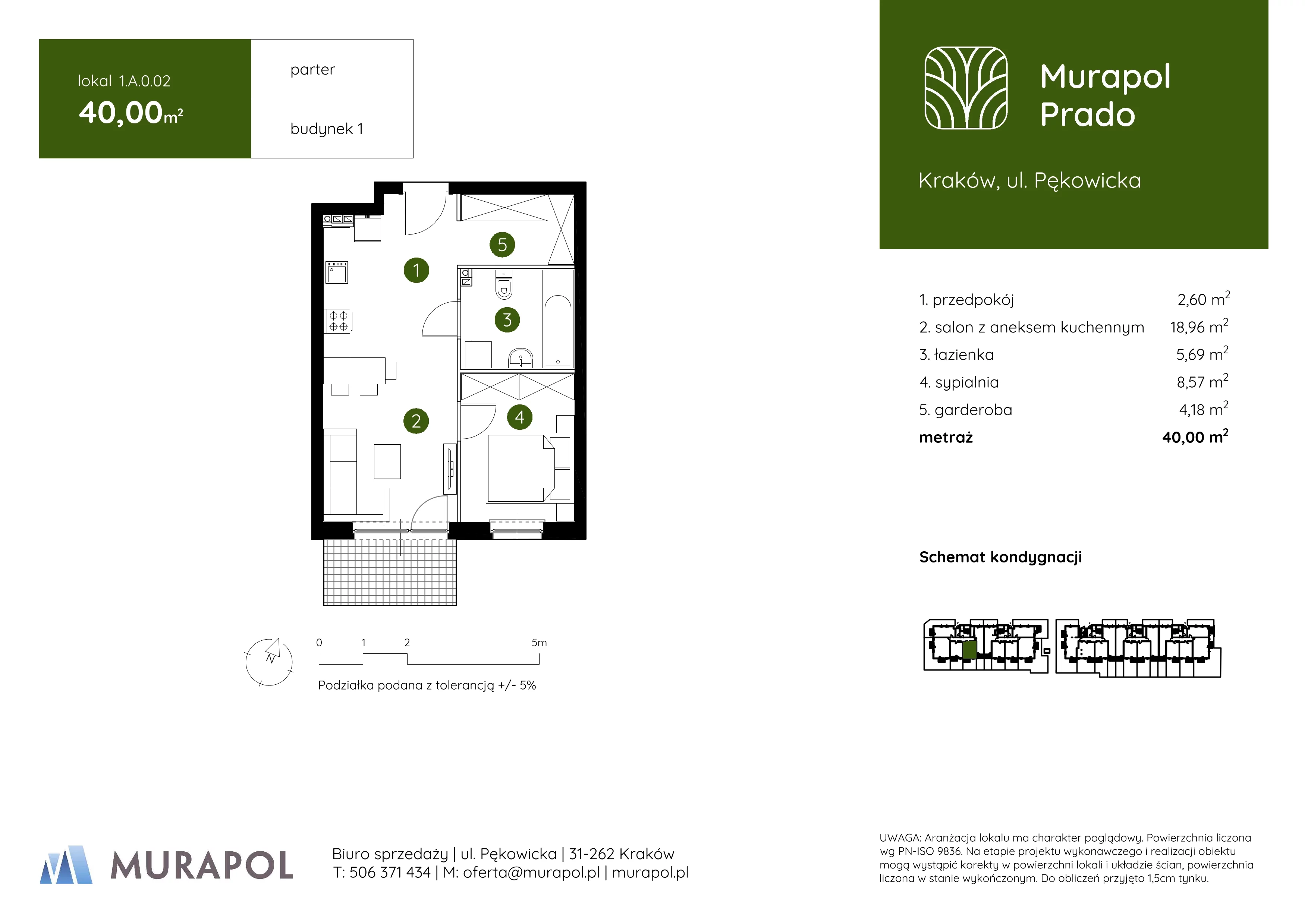 2 pokoje, mieszkanie 40,00 m², parter, oferta nr 1.A.0.02, Murapol Prado, Kraków, Prądnik Biały, ul. Piaszczysta