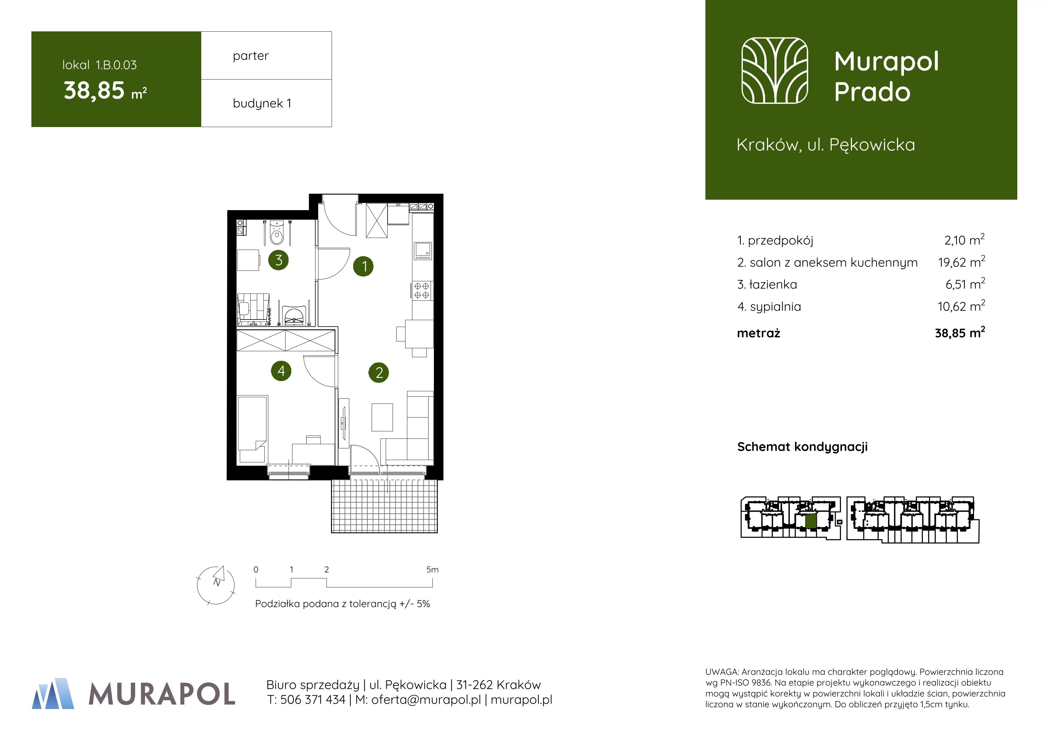 2 pokoje, mieszkanie 38,85 m², parter, oferta nr 1.B.0.03, Murapol Prado, Kraków, Prądnik Biały, ul. Piaszczysta