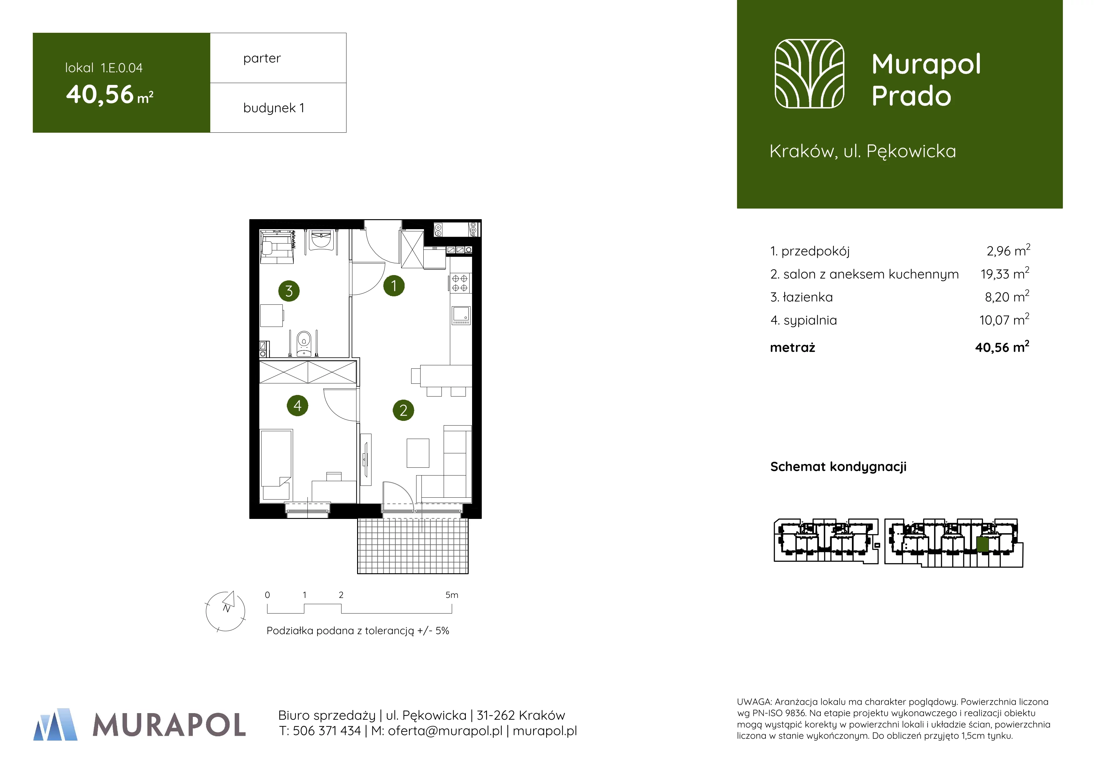 2 pokoje, mieszkanie 40,56 m², parter, oferta nr 1.E.0.04, Murapol Prado, Kraków, Prądnik Biały, ul. Piaszczysta