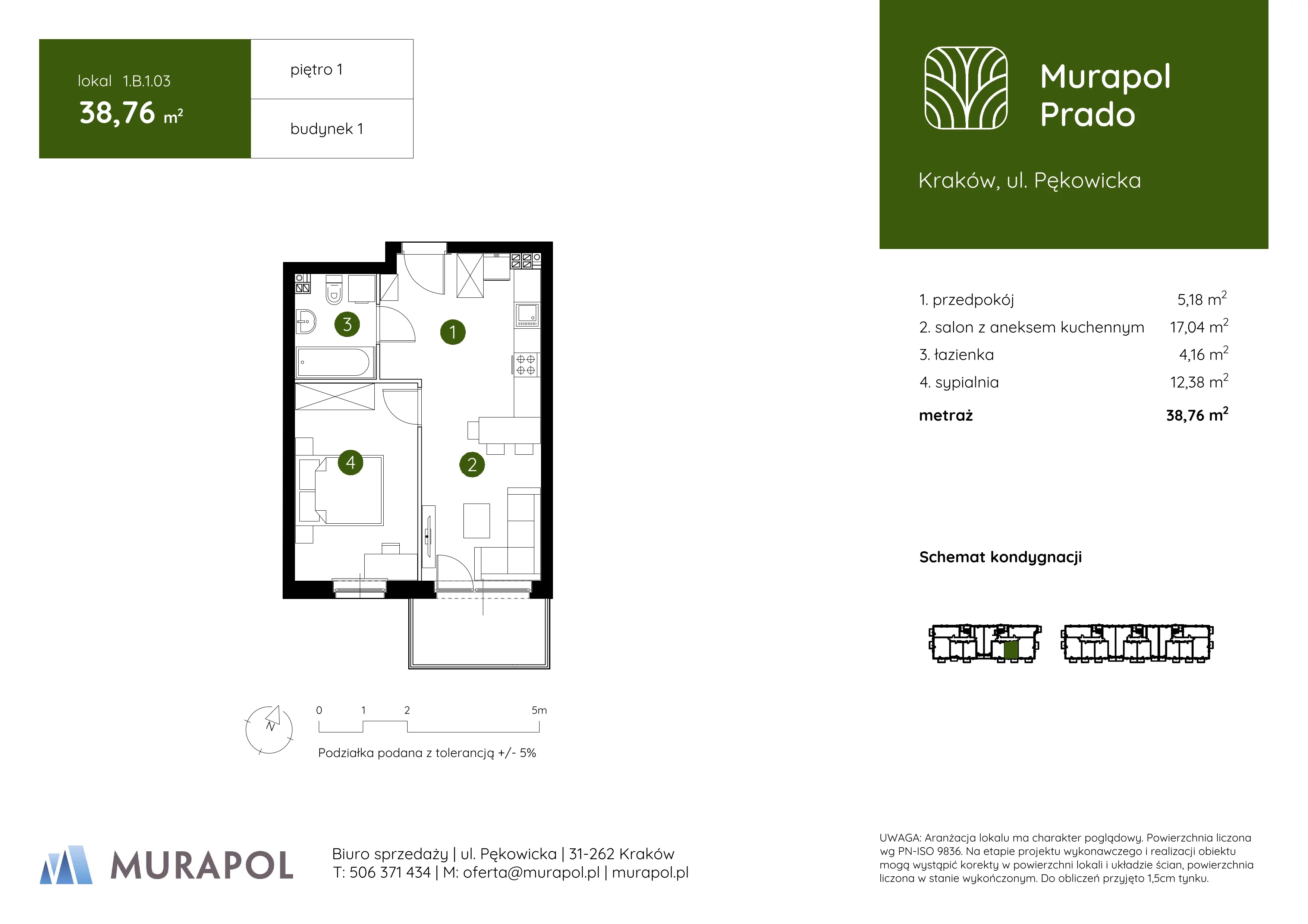 2 pokoje, mieszkanie 38,76 m², piętro 1, oferta nr 1.B.1.03, Murapol Prado, Kraków, Prądnik Biały, ul. Piaszczysta